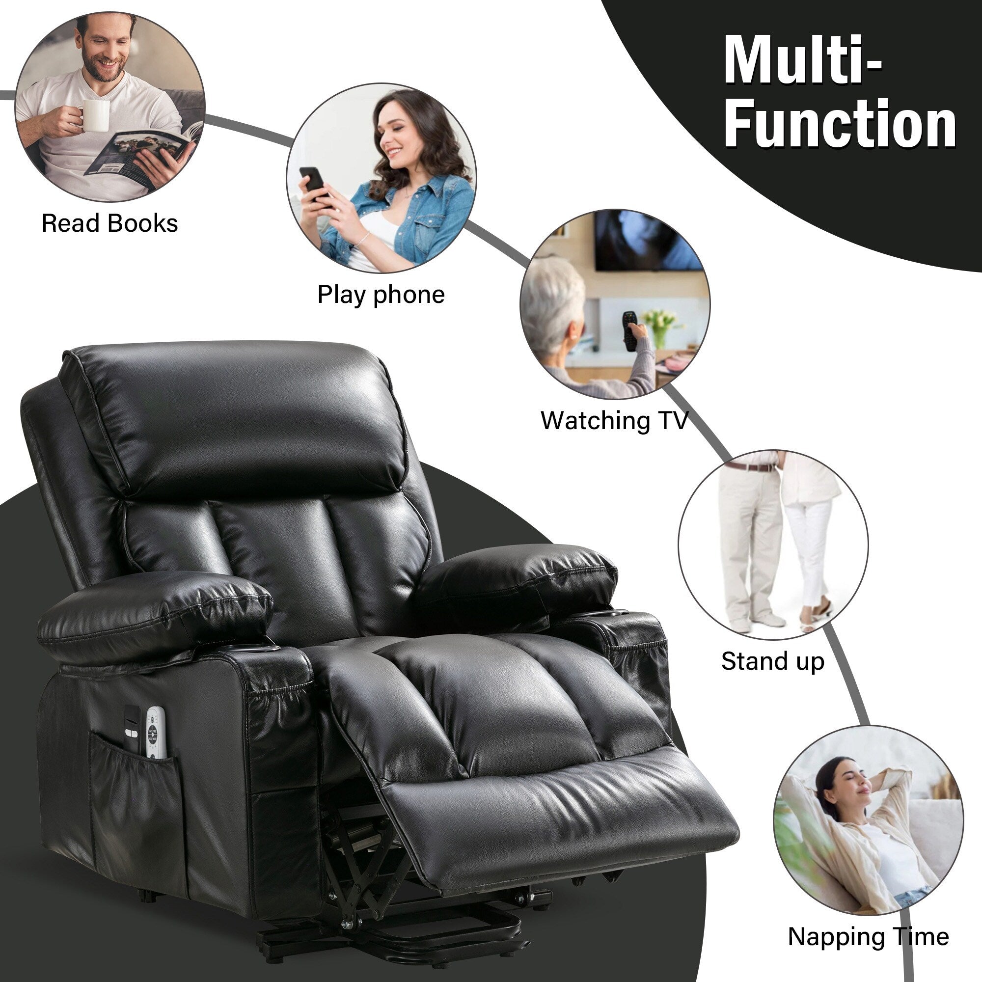 Grand fauteuil releveur électrique inclinable avec fonction chauffante et massage 8 points - Télécommande, port USB