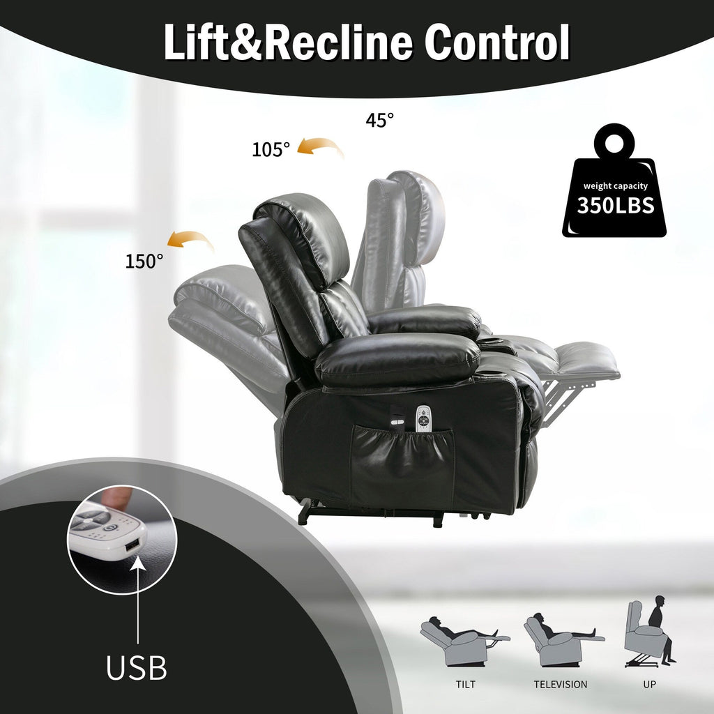 Grand fauteuil releveur électrique inclinable avec fonction chauffante et massage 8 points - Télécommande, port USB