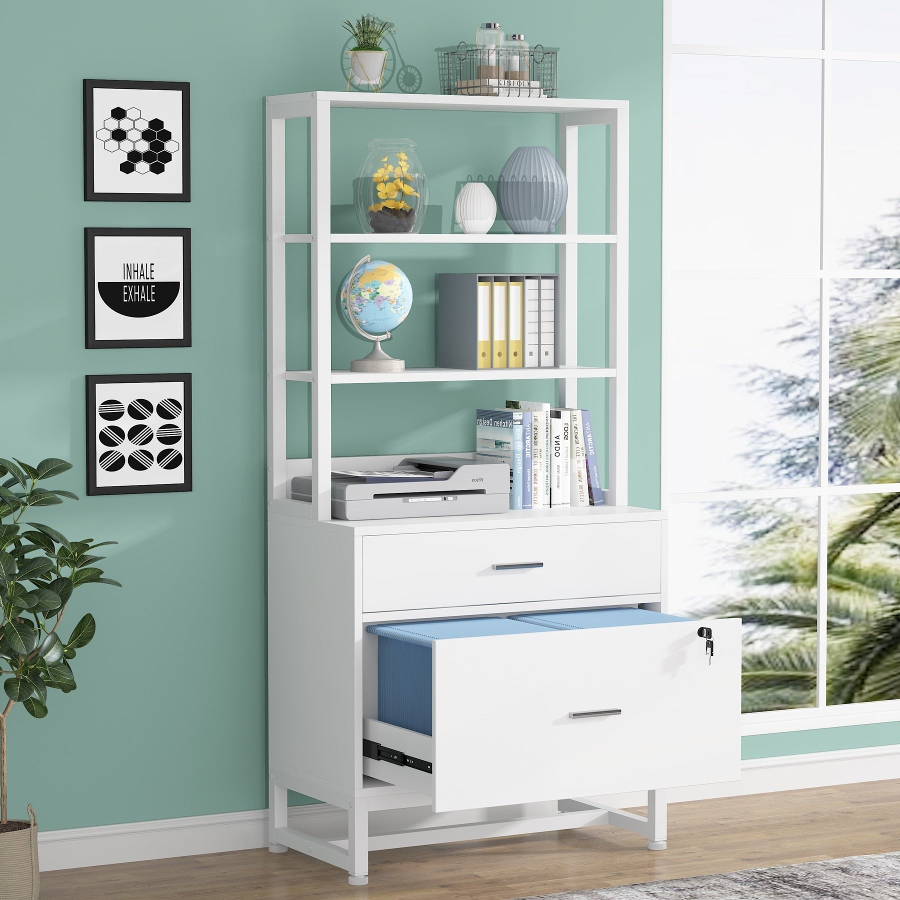 Armoire à dossiers avec 2 tiroirs, meuble de rangement moderne pour imprimante avec serrure