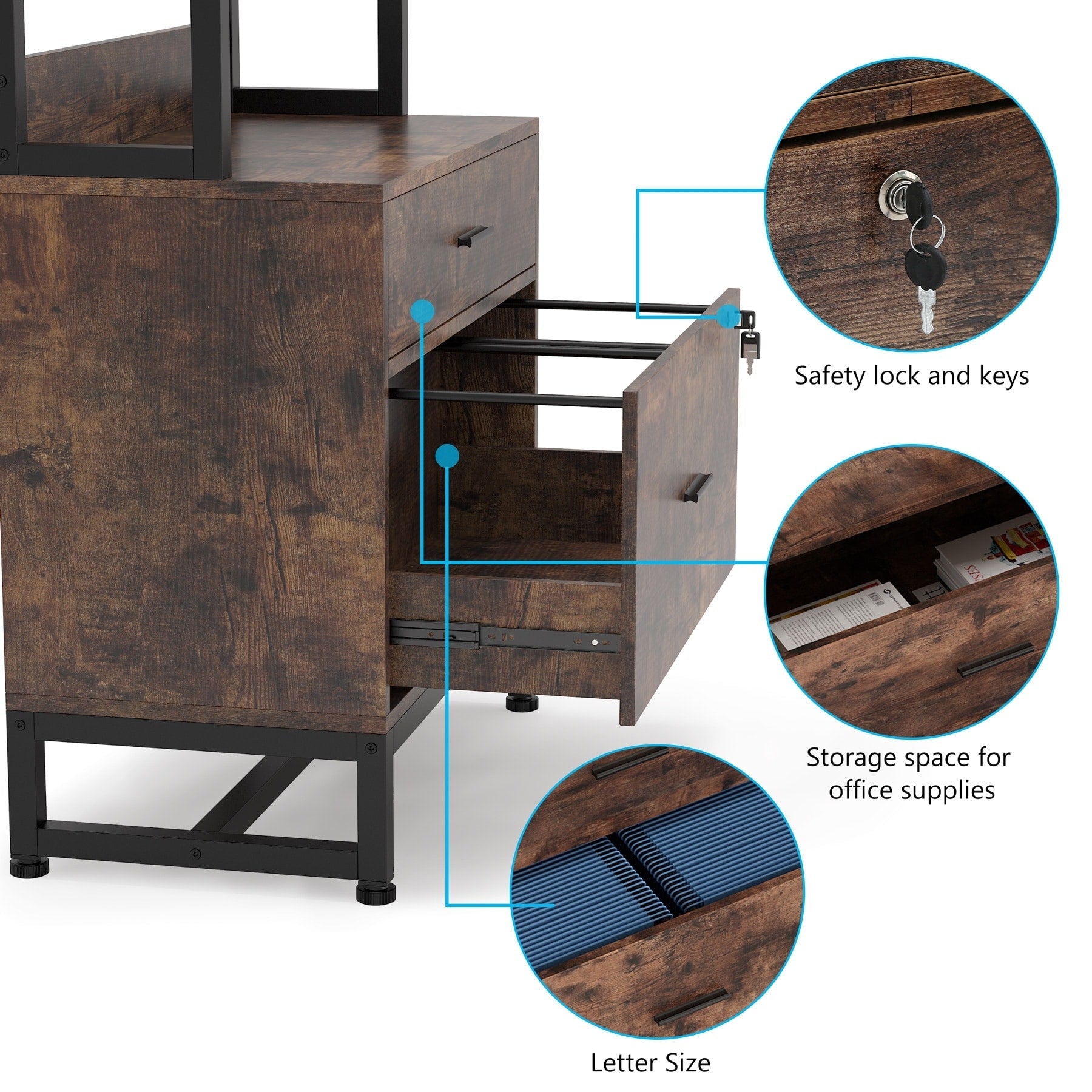 Armoire à dossiers avec 2 tiroirs, meuble de rangement moderne pour imprimante avec serrure