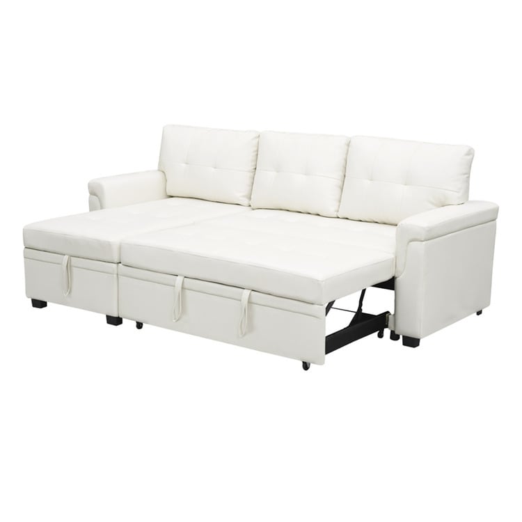Canapé d'angle convertible et réversible avec lit escamotable, chaise longue avec rangement intégré et pieds robustes.