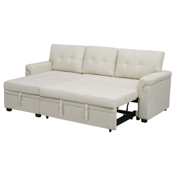 Canapé d'angle convertible et réversible avec lit escamotable, chaise longue avec rangement intégré et pieds robustes.