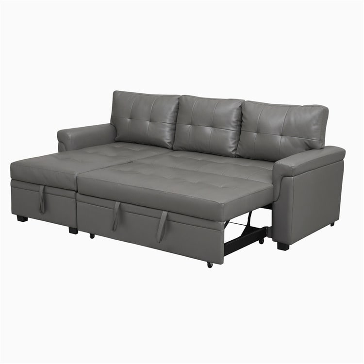 Canapé d'angle convertible et réversible avec lit escamotable, chaise longue avec rangement intégré et pieds robustes.