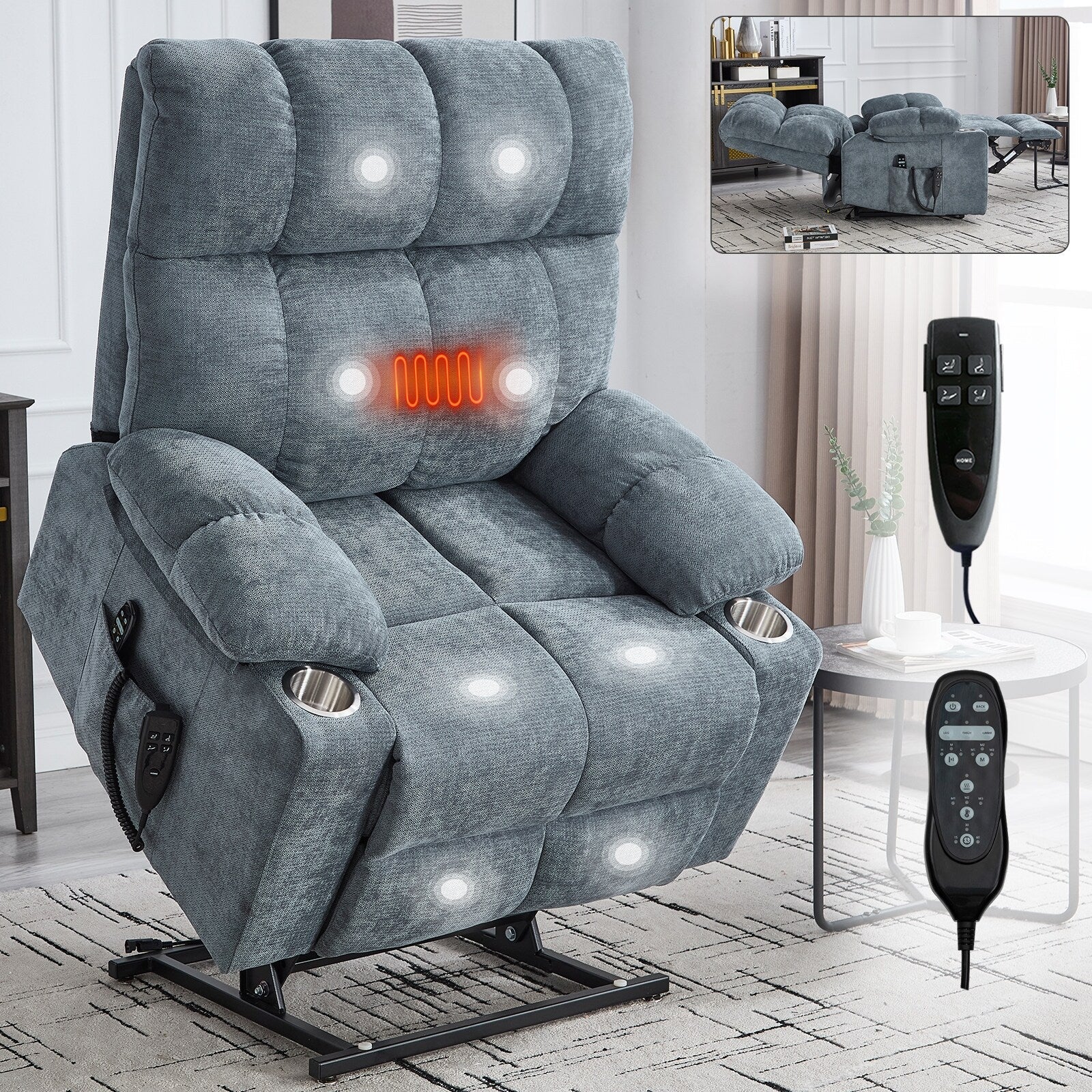 Fauteuil inclinable électrique Lazy Boy à double moteur en chenille avec fonction massage et chauffage lombaire, deux porte-gobelets, gris-bleu