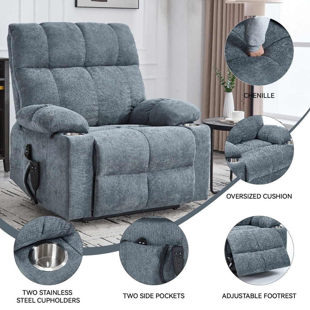 Fauteuil inclinable électrique Lazy Boy à double moteur en chenille avec fonction massage et chauffage lombaire, deux porte-gobelets, gris-bleu