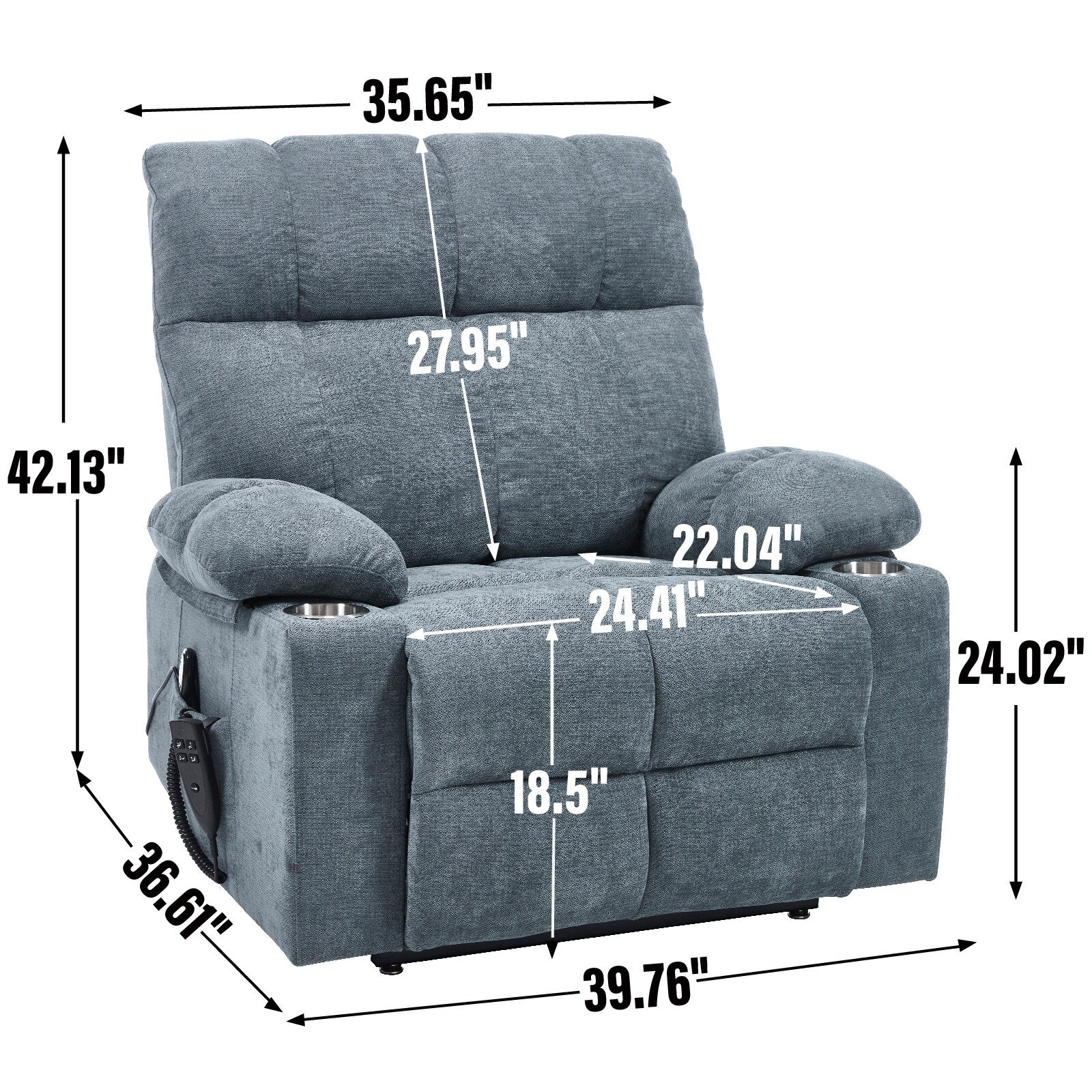 Fauteuil inclinable électrique Lazy Boy à double moteur en chenille avec fonction massage et chauffage lombaire, deux porte-gobelets, gris-bleu
