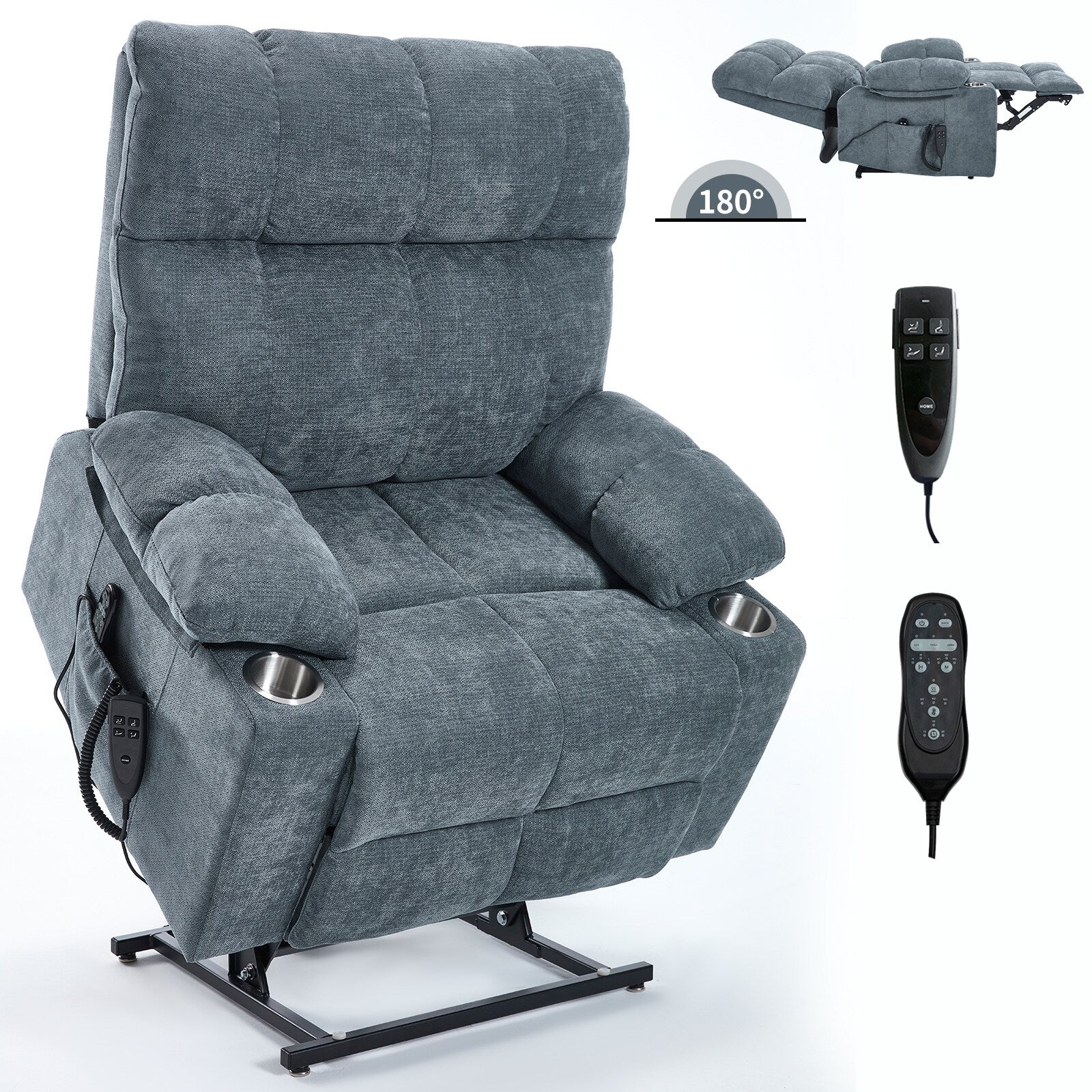 Fauteuil inclinable électrique Lazy Boy à double moteur en chenille avec fonction massage et chauffage lombaire, deux porte-gobelets, gris-bleu