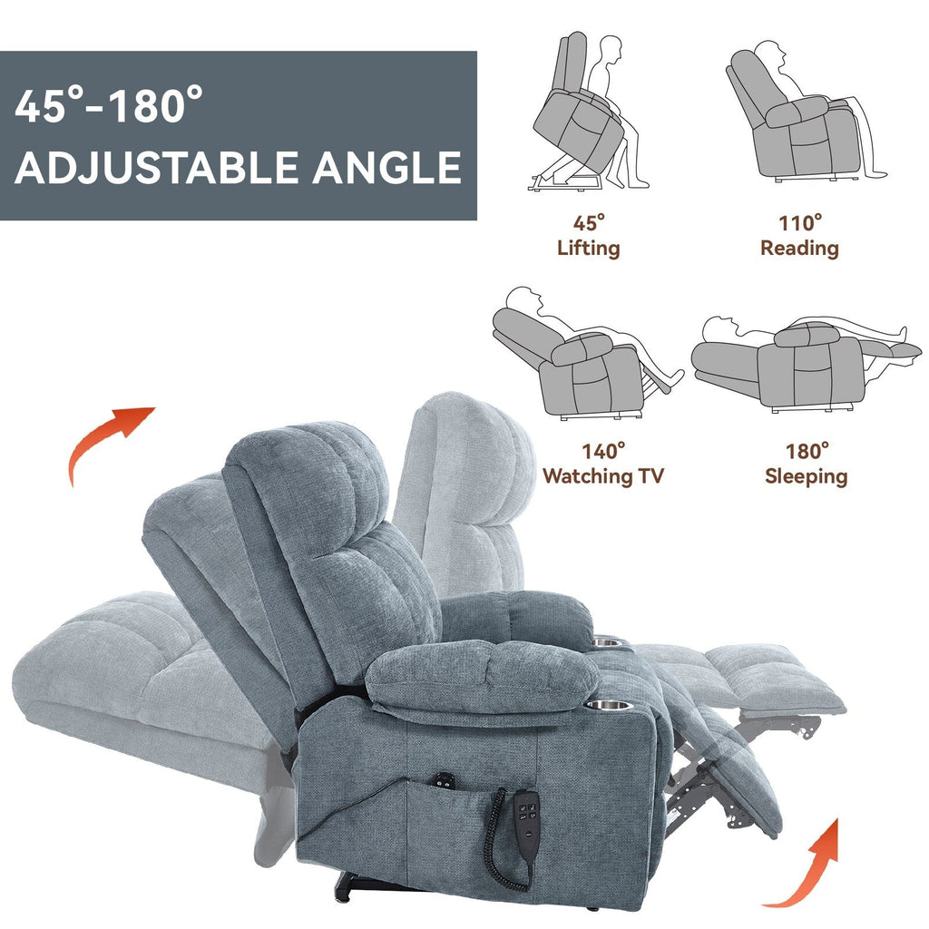 Fauteuil inclinable électrique Lazy Boy à double moteur en chenille avec fonction massage et chauffage lombaire, deux porte-gobelets, gris-bleu