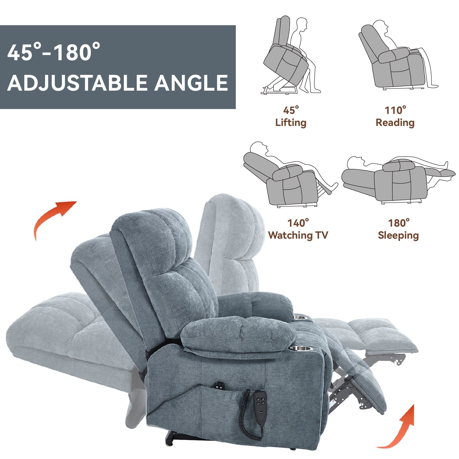 Fauteuil inclinable électrique Lazy Boy à double moteur en chenille avec fonction massage et chauffage lombaire, deux porte-gobelets, gris-bleu