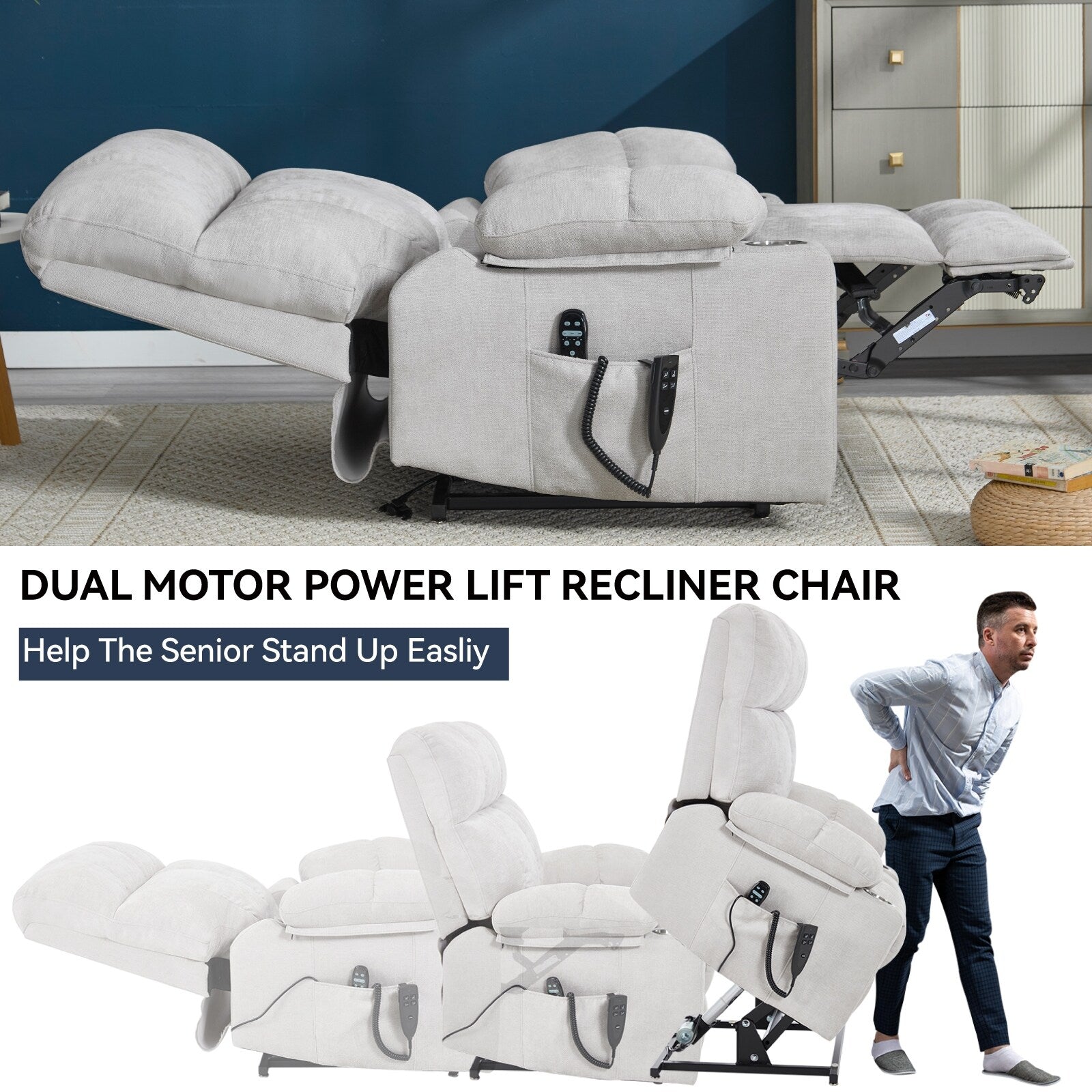 Fauteuil inclinable électrique Lazy Boy à double moteur en chenille avec fonction massage et chauffage lombaire, deux porte-gobelets, gris-bleu