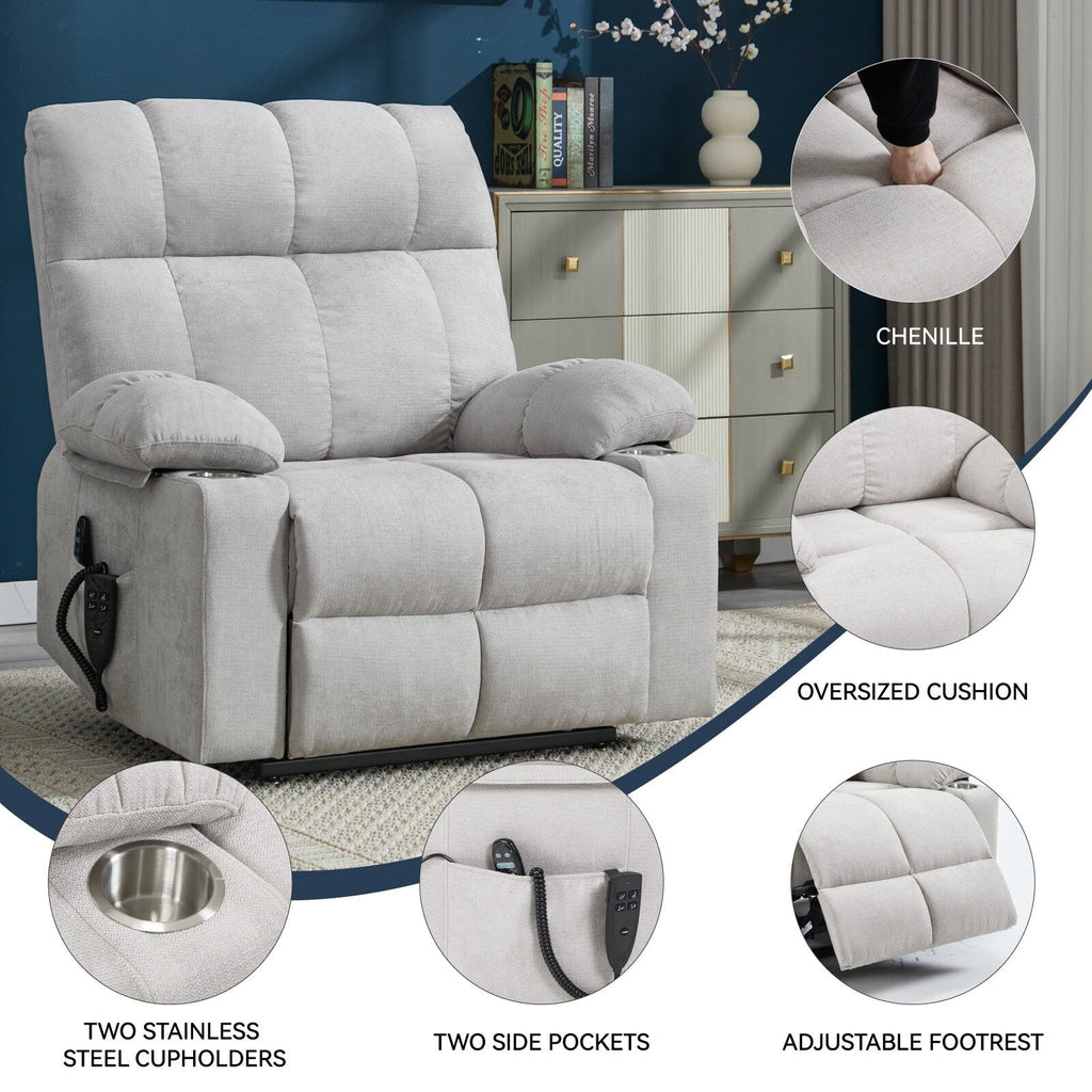 Fauteuil inclinable électrique Lazy Boy à double moteur en chenille avec fonction massage et chauffage lombaire, deux porte-gobelets, gris-bleu