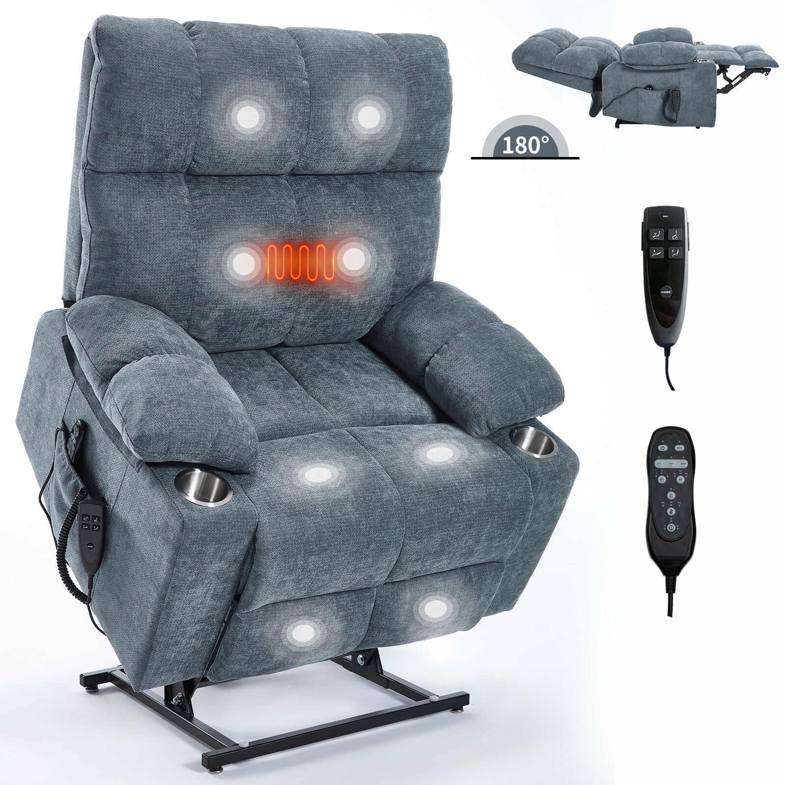 Fauteuil inclinable électrique Lazy Boy à double moteur en chenille avec fonction massage et chauffage lombaire, deux porte-gobelets, gris-bleu