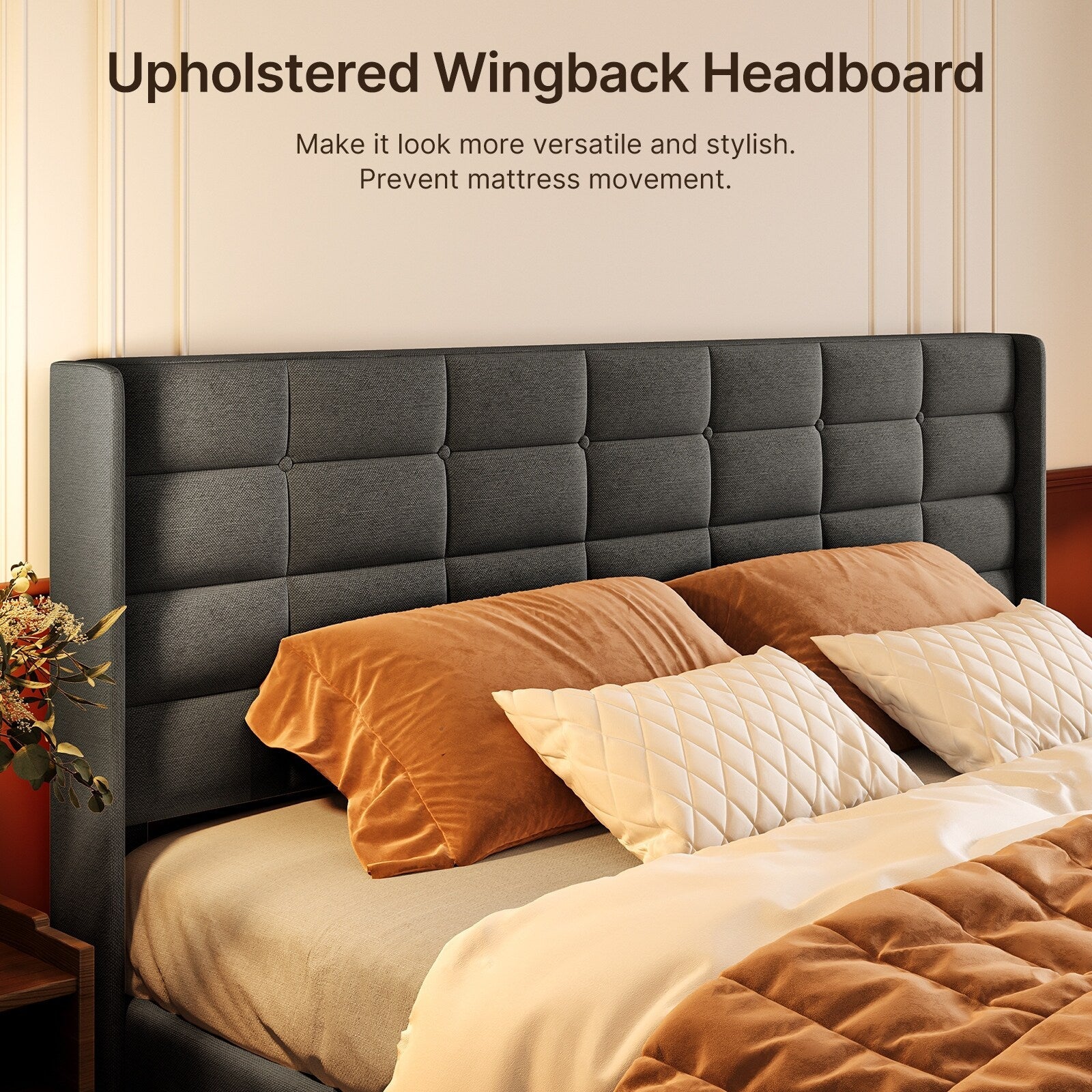 Cadre de lit coffre relevable, cadre de lit plateforme recouvert de tissu avec système de rangement hydraulique et tête de lit.