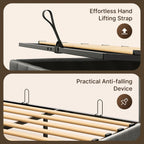 Cadre de lit coffre relevable, cadre de lit plateforme recouvert de tissu avec système de rangement hydraulique et tête de lit.