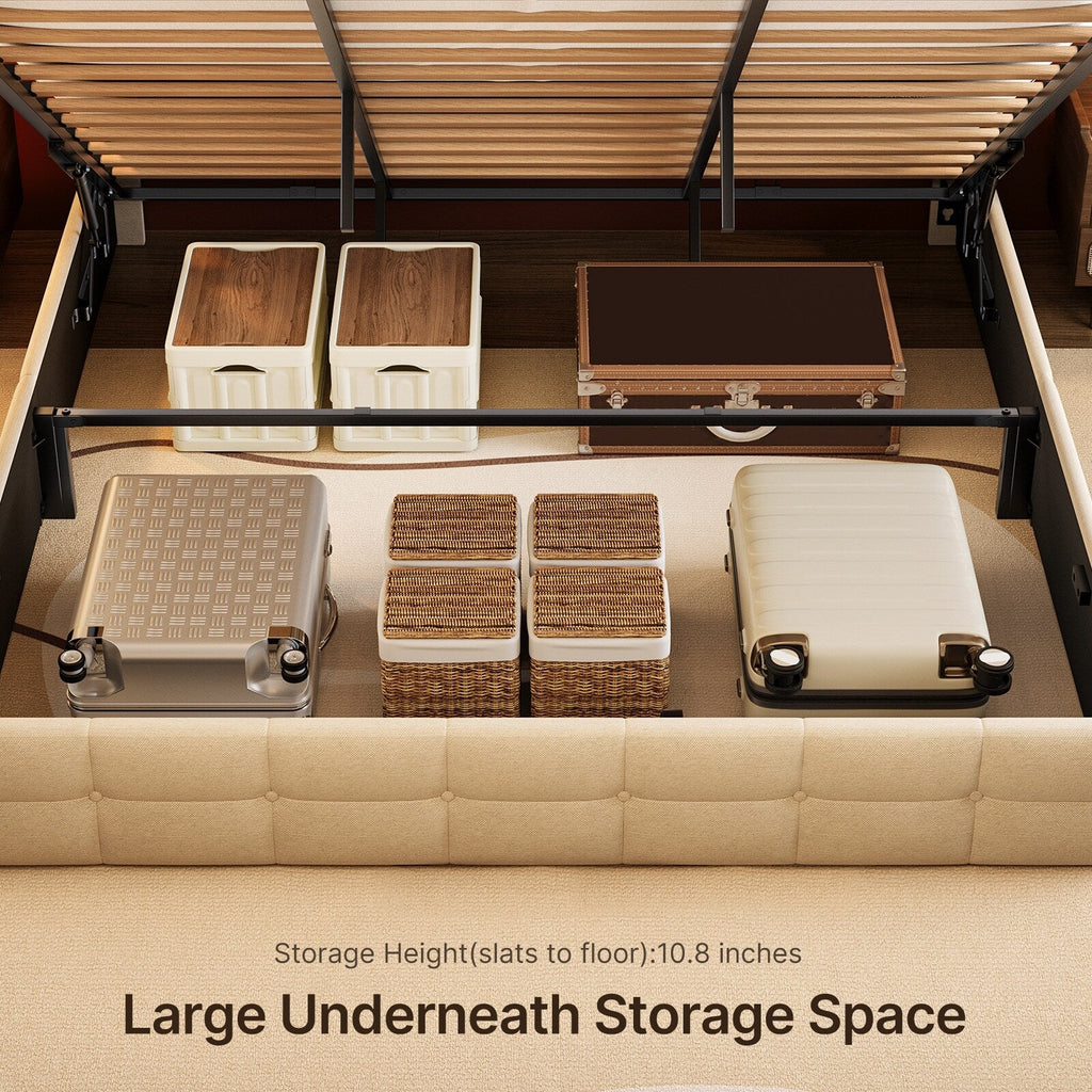 Cadre de lit coffre relevable, cadre de lit plateforme recouvert de tissu avec système de rangement hydraulique et tête de lit.