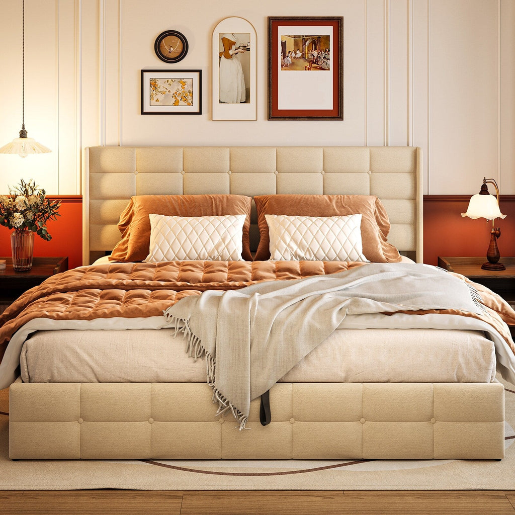 Cadre de lit coffre relevable, cadre de lit plateforme recouvert de tissu avec système de rangement hydraulique et tête de lit.