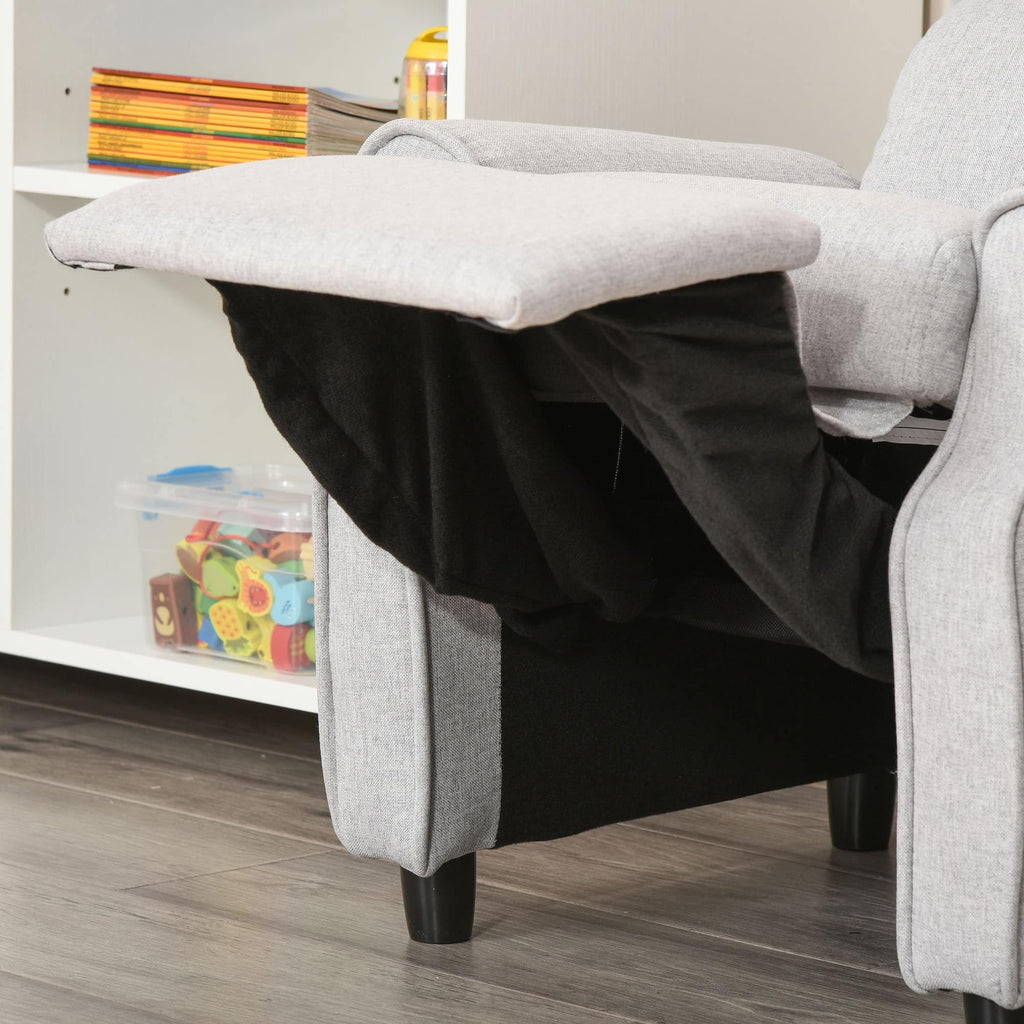 Fauteuil inclinable manuel rembourré gris clair pour enfants de 3 à 5 ans, avec repose-pieds et 2 poches latérales