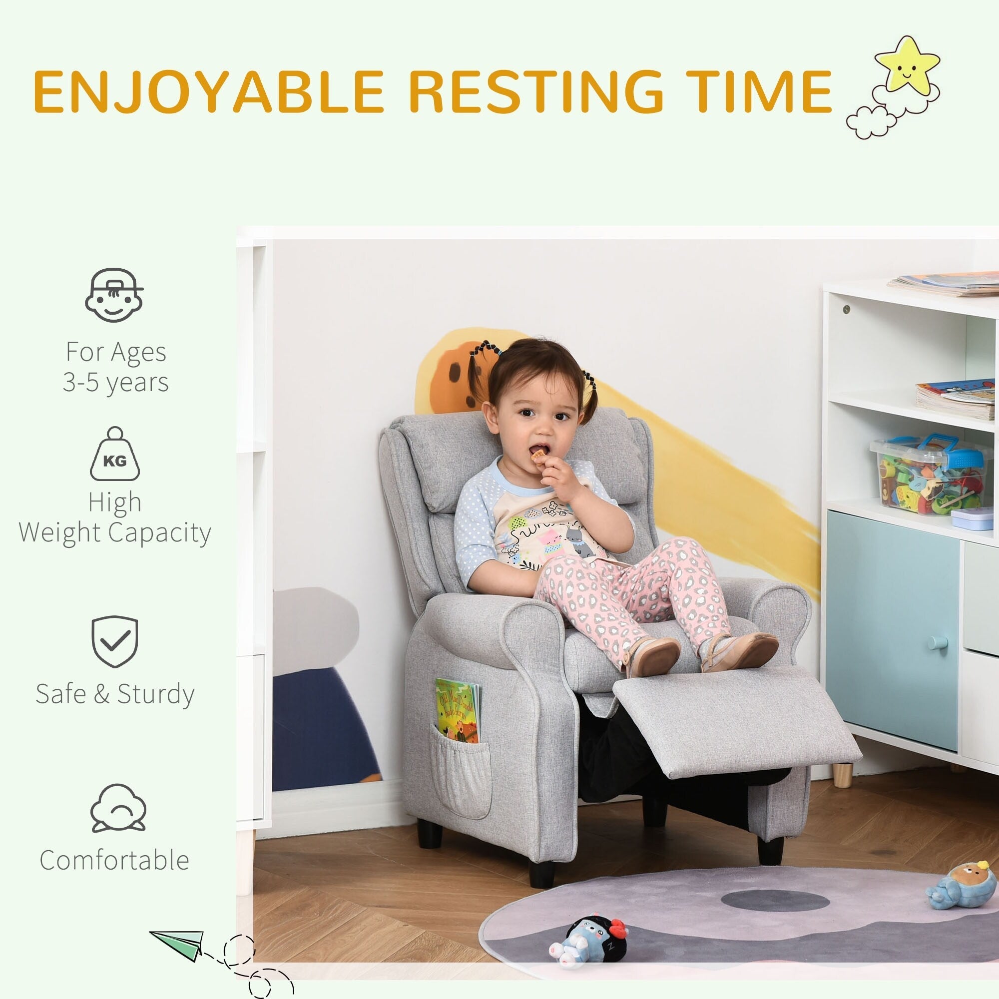 Fauteuil inclinable manuel rembourré gris clair pour enfants de 3 à 5 ans, avec repose-pieds et 2 poches latérales