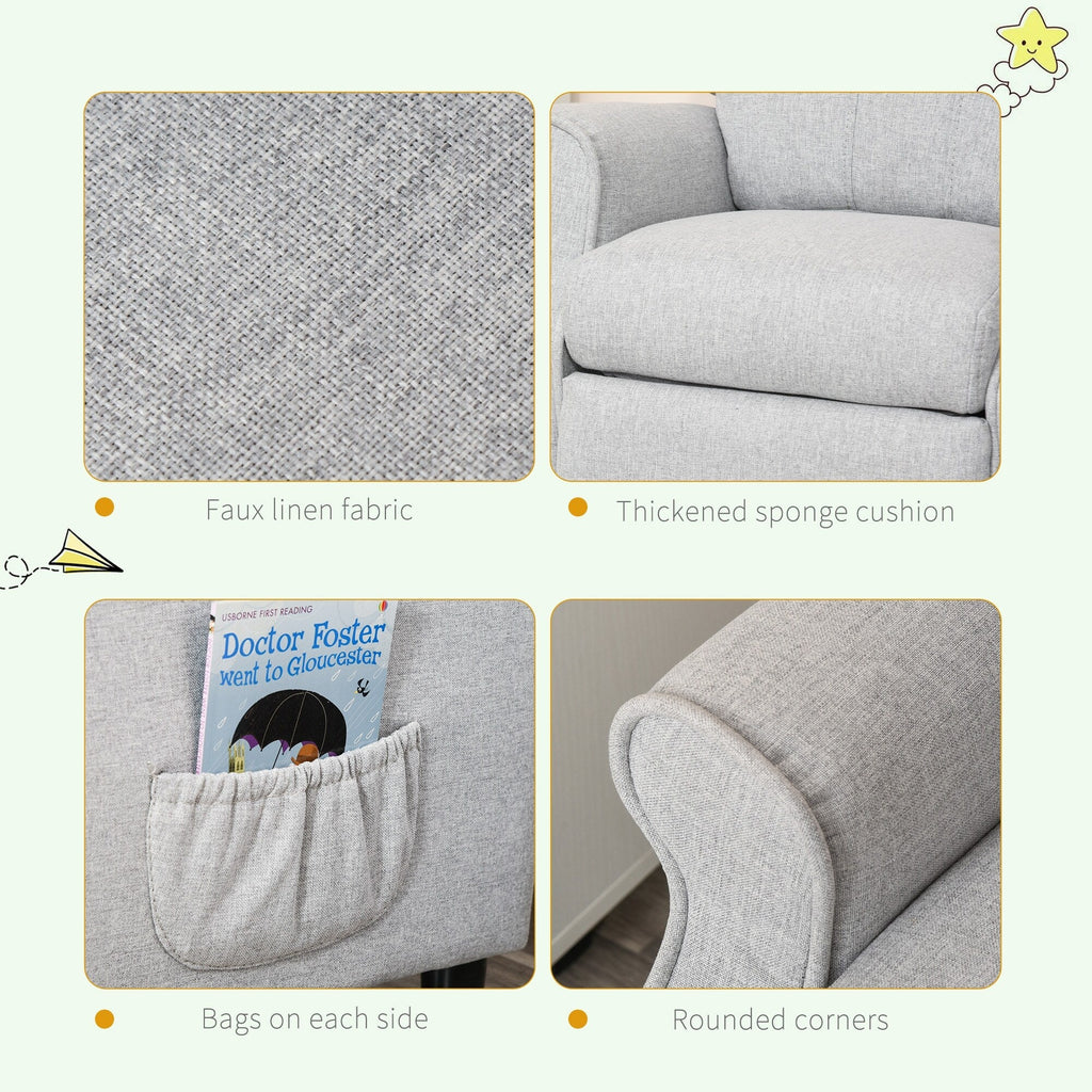 Fauteuil inclinable manuel rembourré gris clair pour enfants de 3 à 5 ans, avec repose-pieds et 2 poches latérales