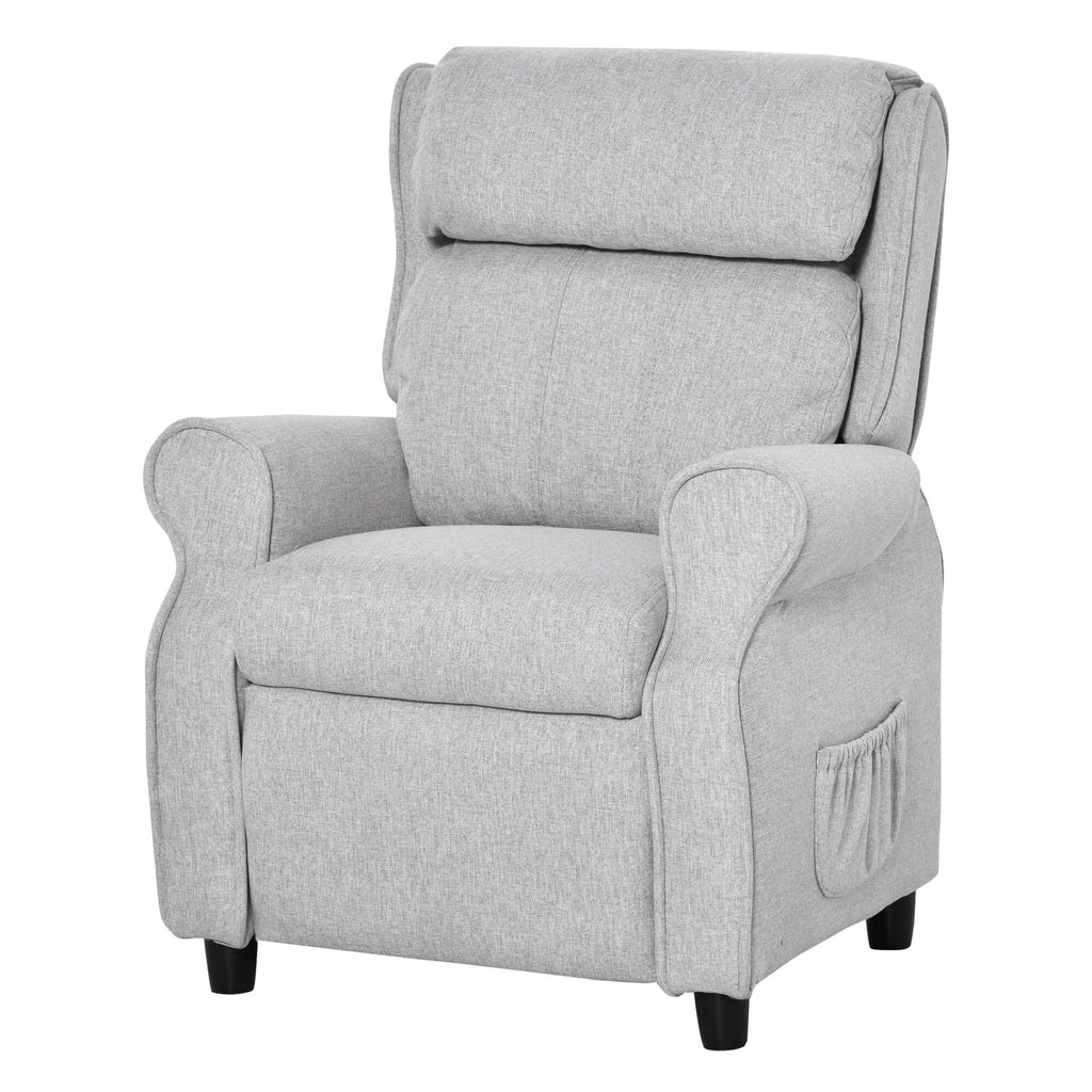 Fauteuil inclinable manuel rembourré gris clair pour enfants de 3 à 5 ans, avec repose-pieds et 2 poches latérales