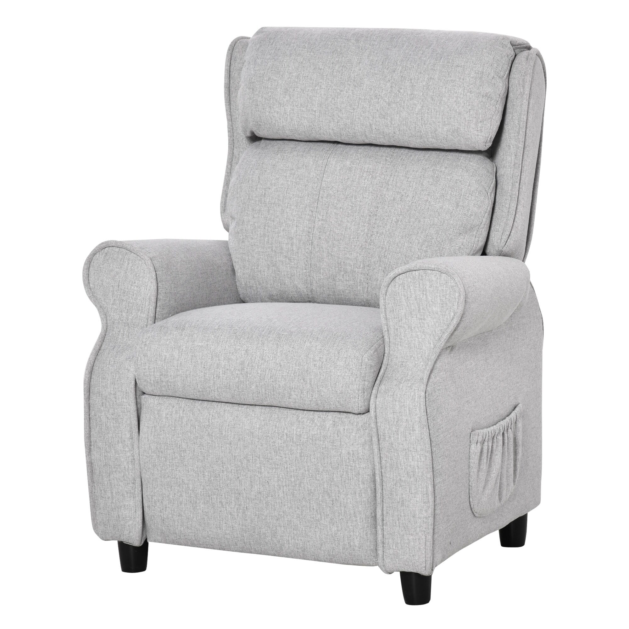 Fauteuil inclinable manuel rembourré gris clair pour enfants de 3 à 5 ans, avec repose-pieds et 2 poches latérales