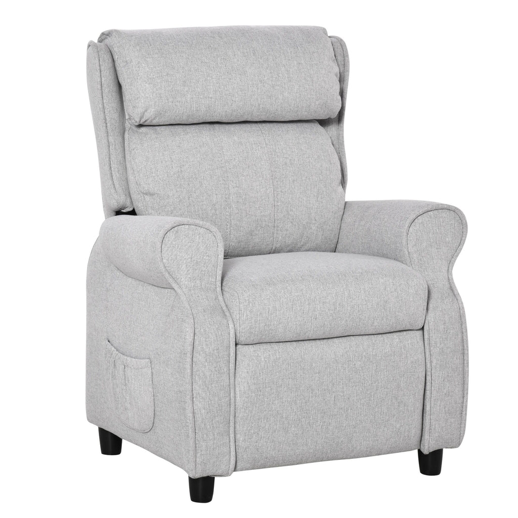 Fauteuil inclinable manuel rembourré gris clair pour enfants de 3 à 5 ans, avec repose-pieds et 2 poches latérales