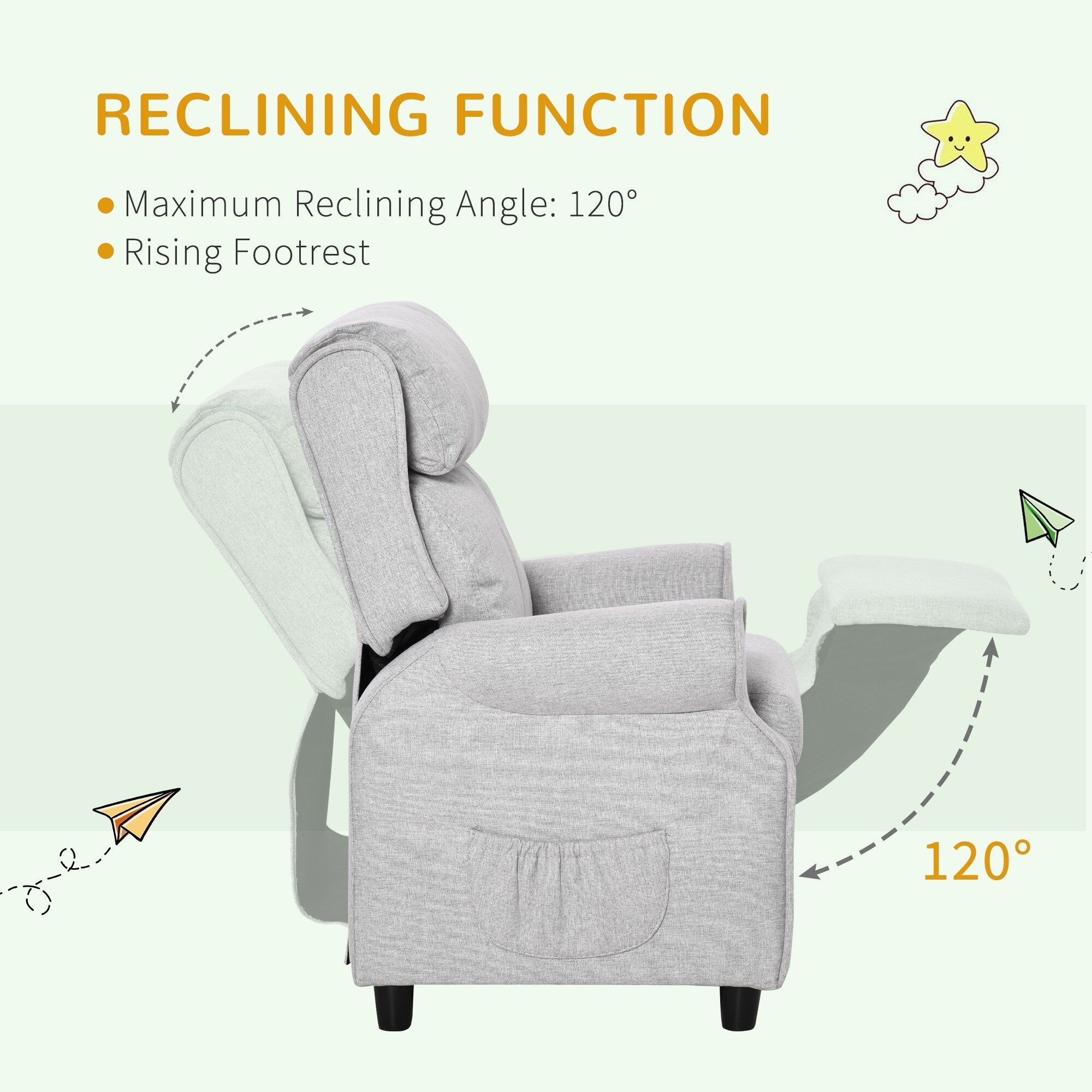 Fauteuil inclinable manuel rembourré gris clair pour enfants de 3 à 5 ans, avec repose-pieds et 2 poches latérales