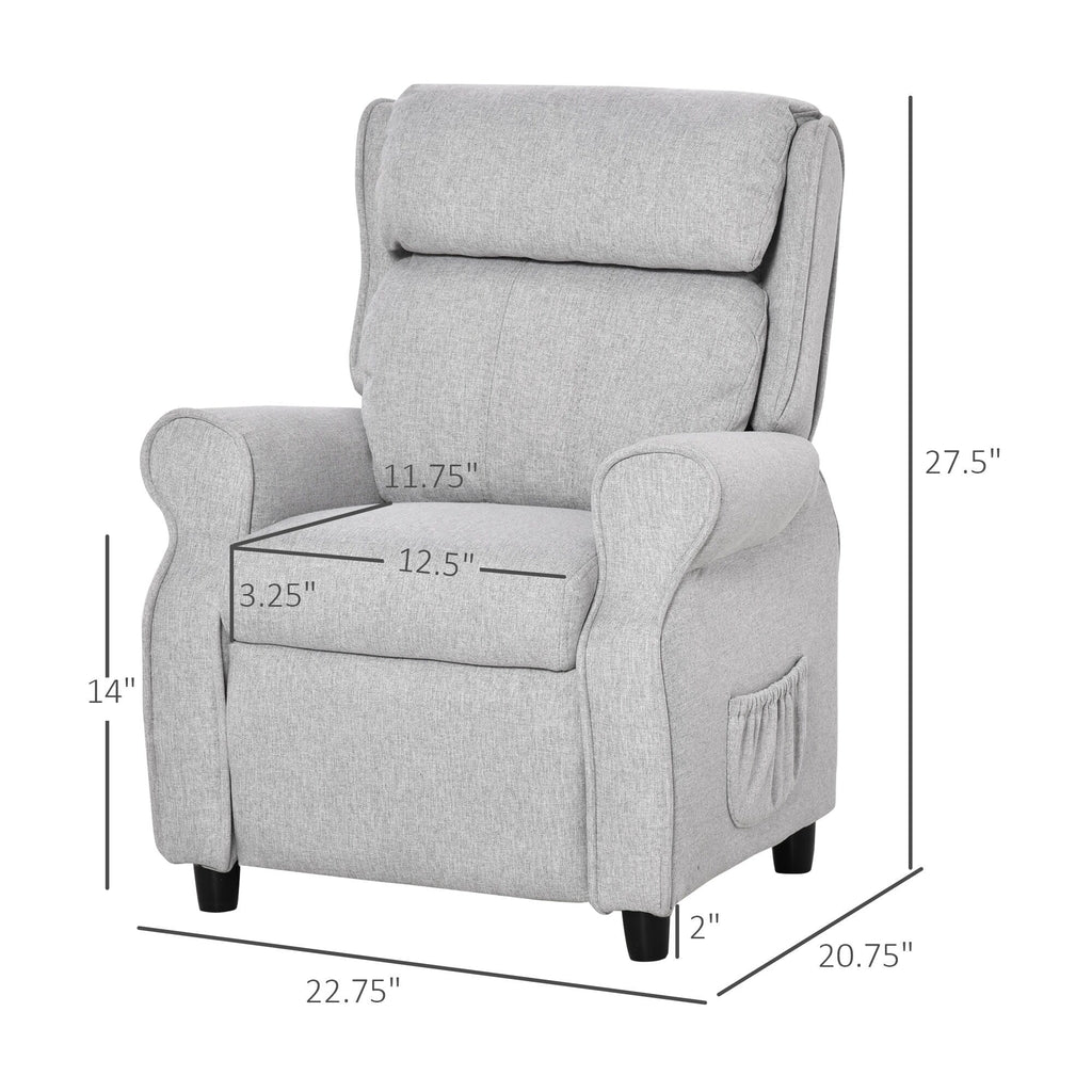 Fauteuil inclinable manuel rembourré gris clair pour enfants de 3 à 5 ans, avec repose-pieds et 2 poches latérales