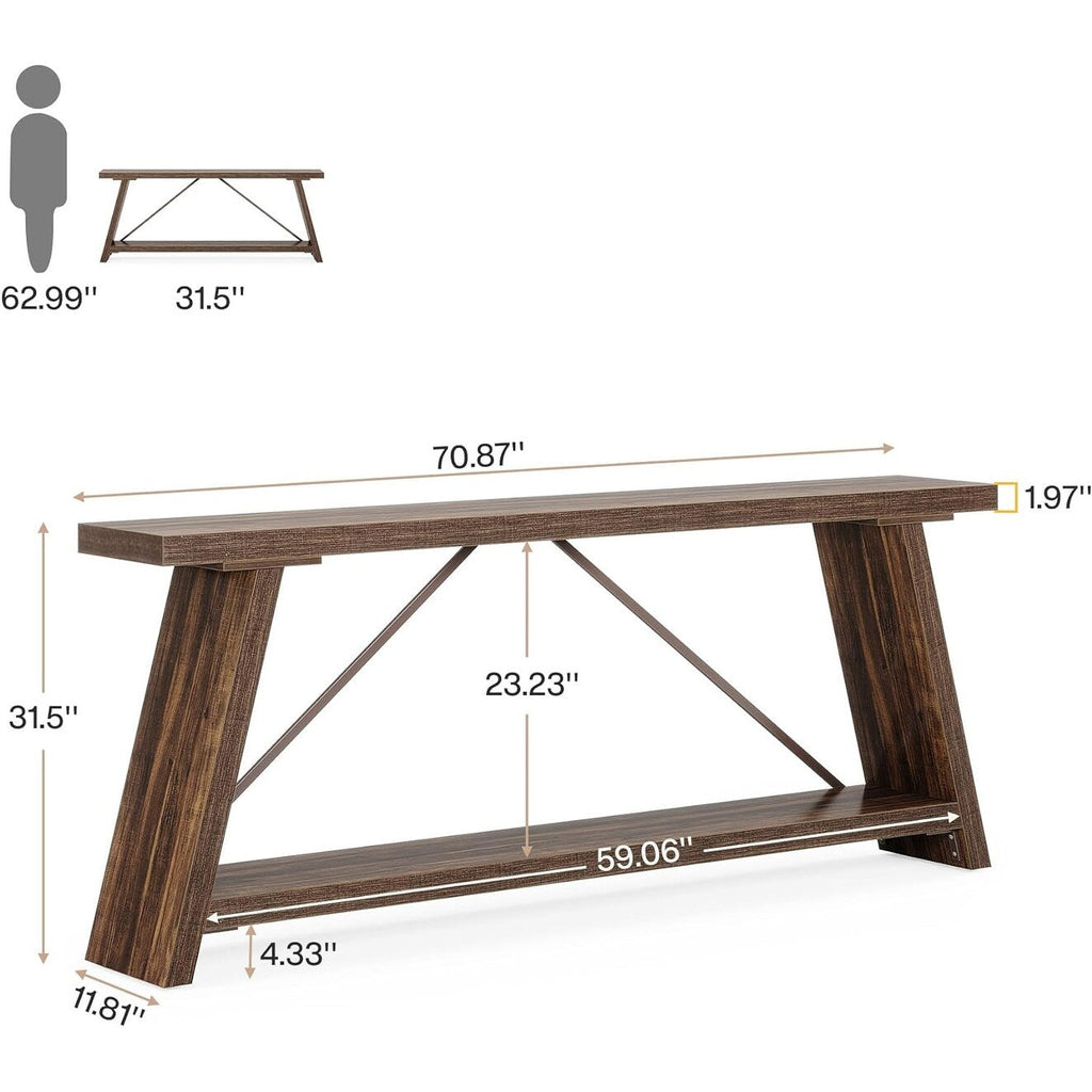 Table console de canapé en bois rustique de 180 cm de long avec étagère de rangement
