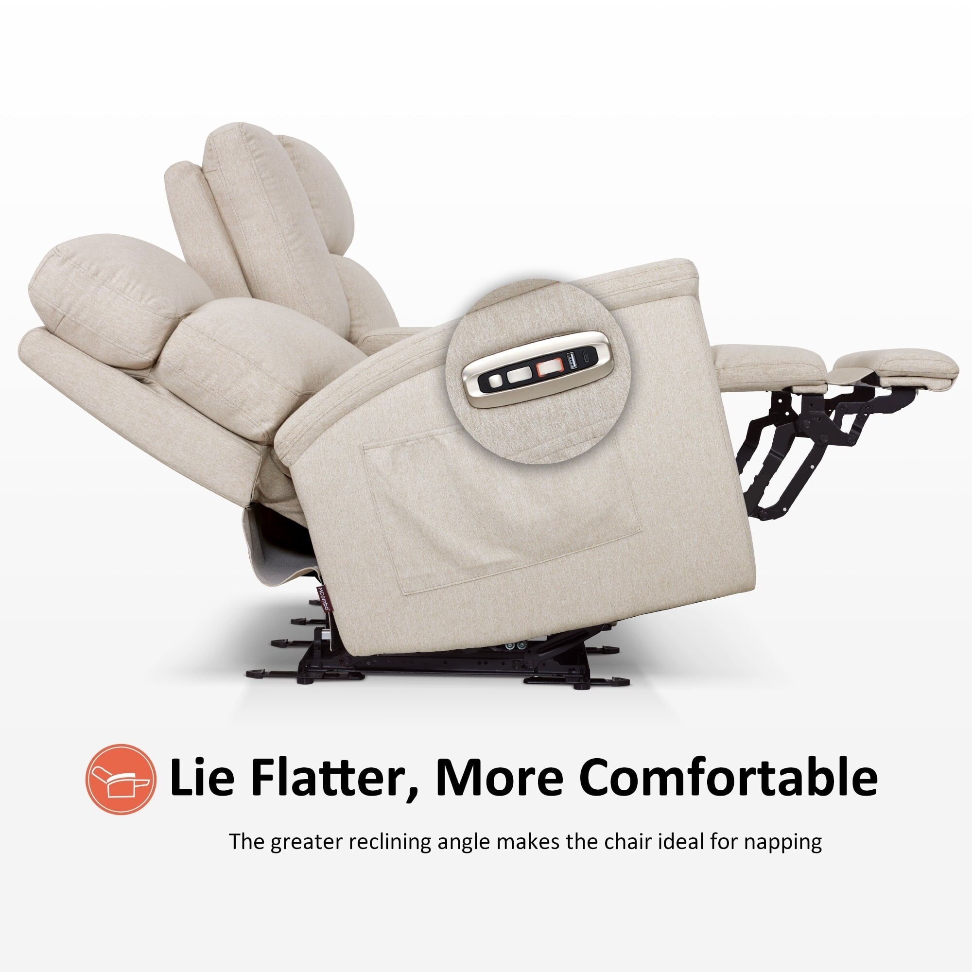 Canapé inclinable électrique MCombo 60.2 avec fonction massage et chauffage double, appui-tête réglable, ports USB et Type C, revêtement en tissu