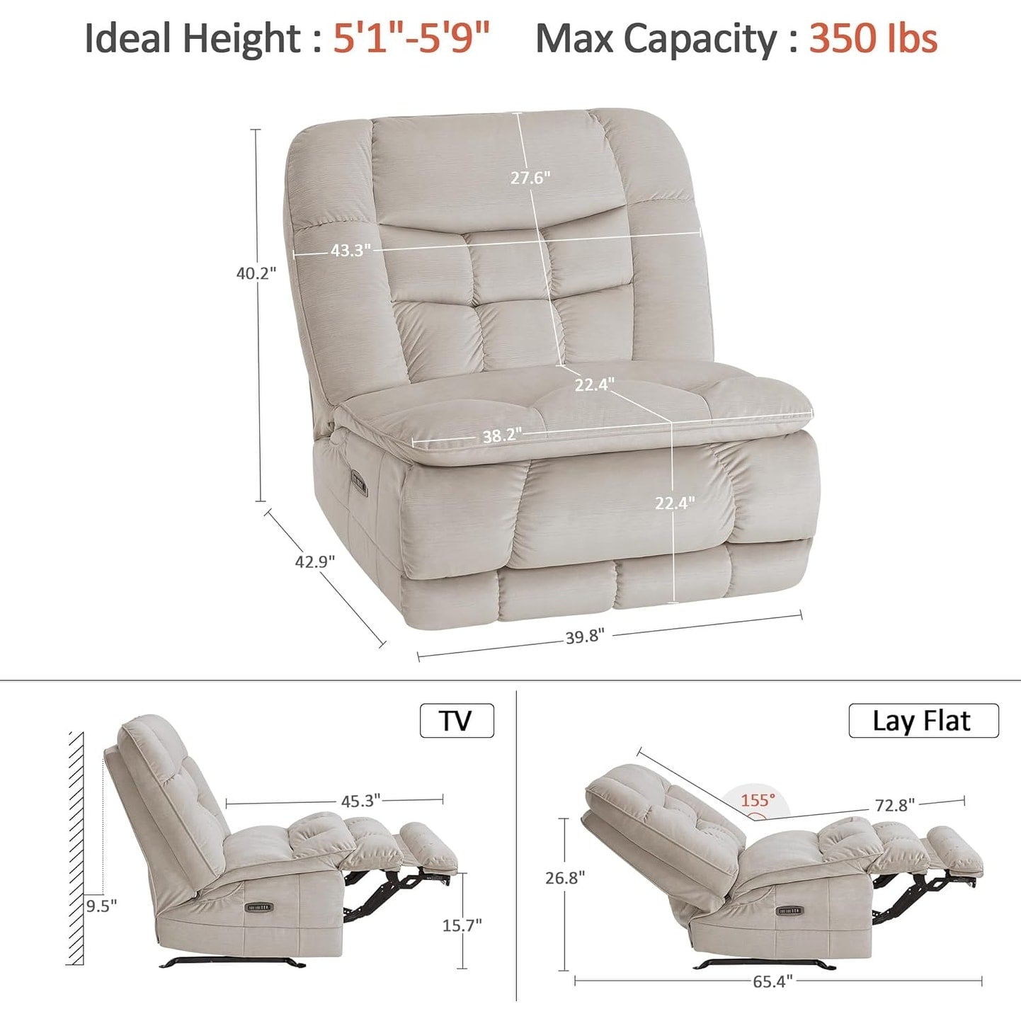 Fauteuil inclinable électrique sans accoudoirs à double moteur MCombo surdimensionné, modèle Zeroarms, idéal pour le salon, tissu PR607