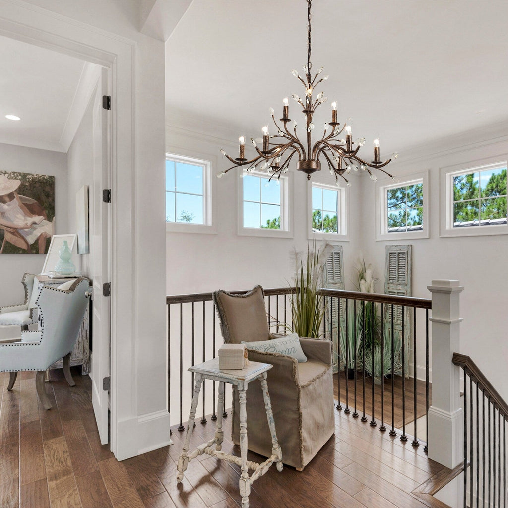 Luminaire suspendu en forme de branche d'arbre rétro style ferme avec lustre en cristal et bougie.