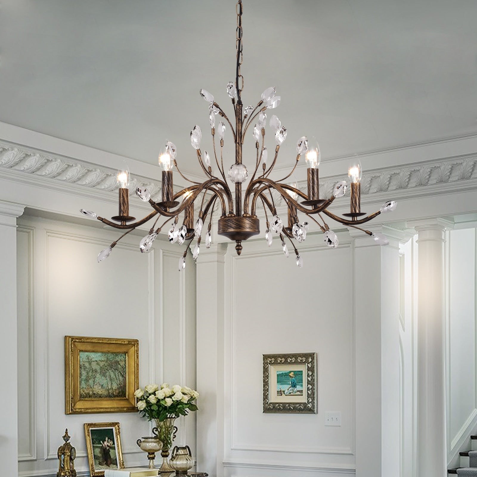 Luminaire suspendu en forme de branche d'arbre rétro style ferme avec lustre en cristal et bougie.