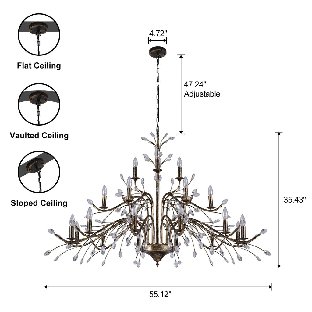 Luminaire suspendu en forme de branche d'arbre rétro style ferme avec lustre en cristal et bougie.