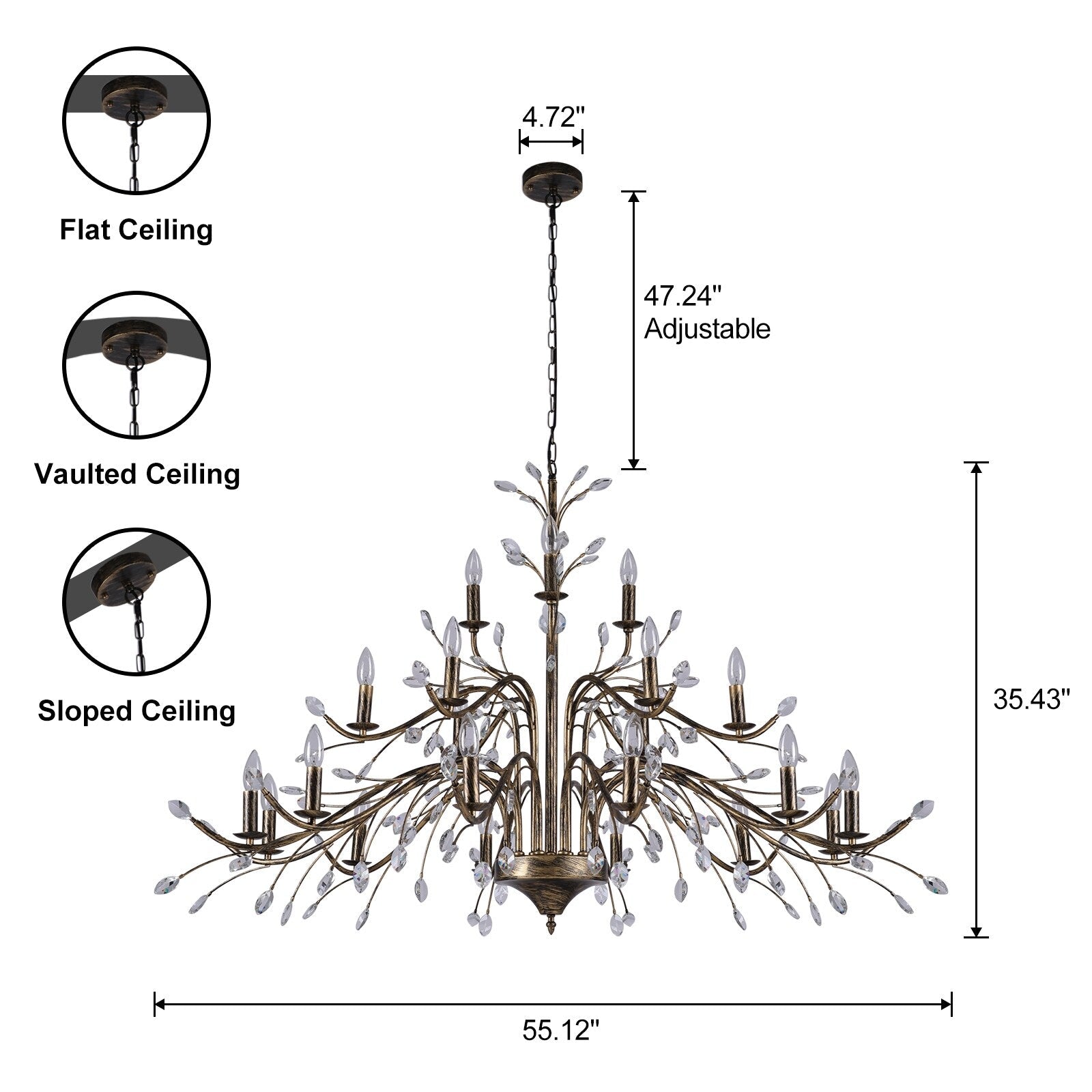 Luminaire suspendu en forme de branche d'arbre rétro style ferme avec lustre en cristal et bougie.