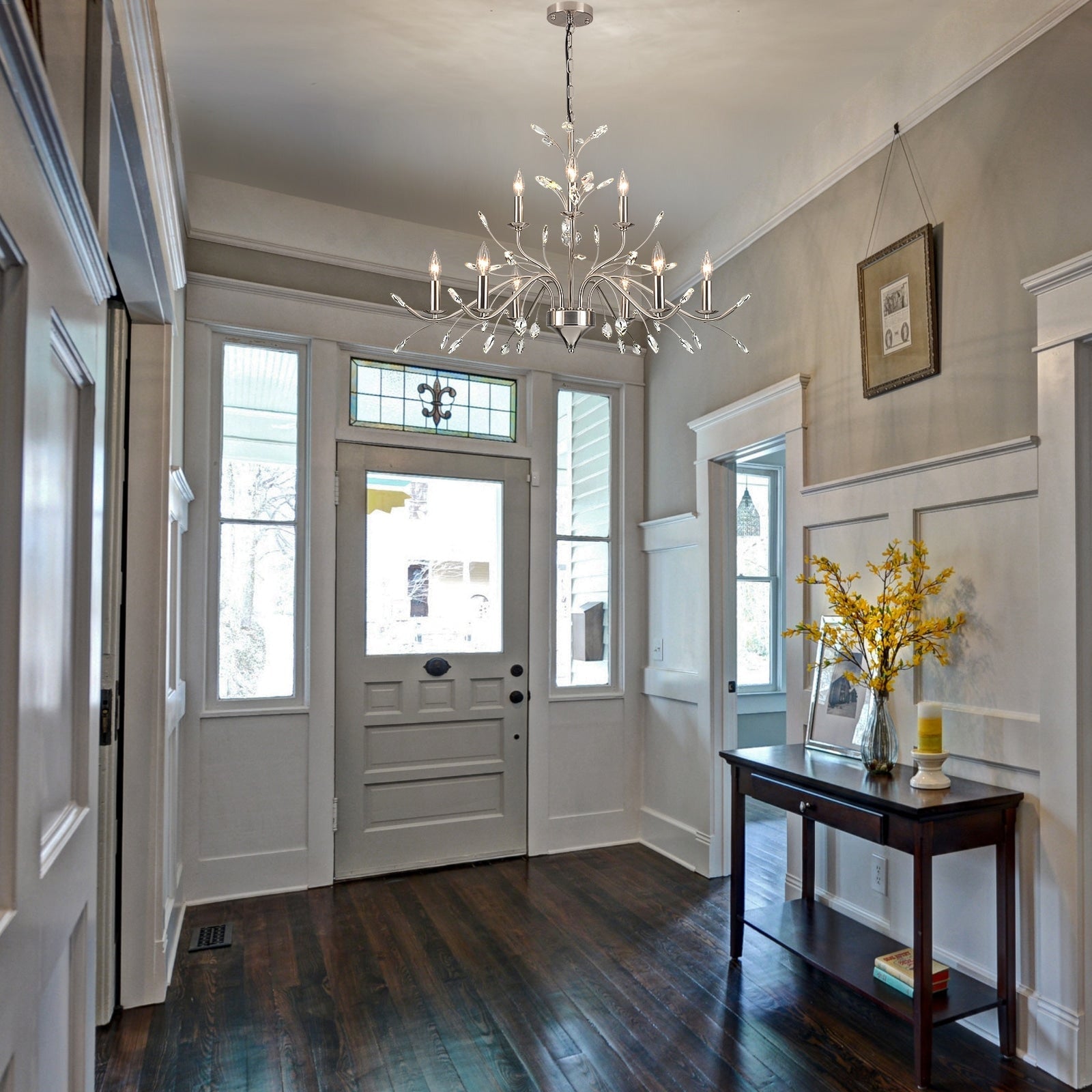 Luminaire suspendu en forme de branche d'arbre rétro style ferme avec lustre en cristal et bougie.