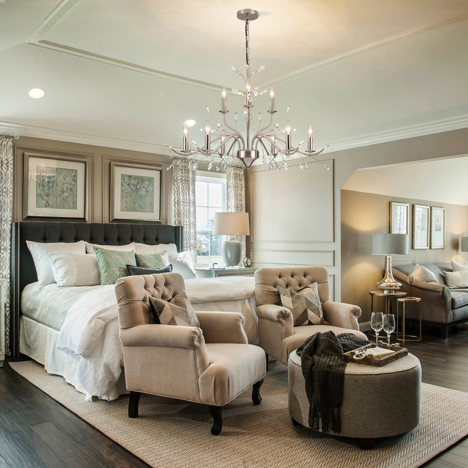 Luminaire suspendu en forme de branche d'arbre rétro style ferme avec lustre en cristal et bougie.