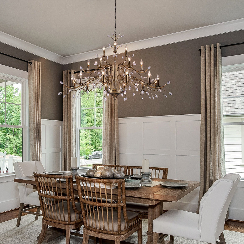 Luminaire suspendu en forme de branche d'arbre rétro style ferme avec lustre en cristal et bougie.