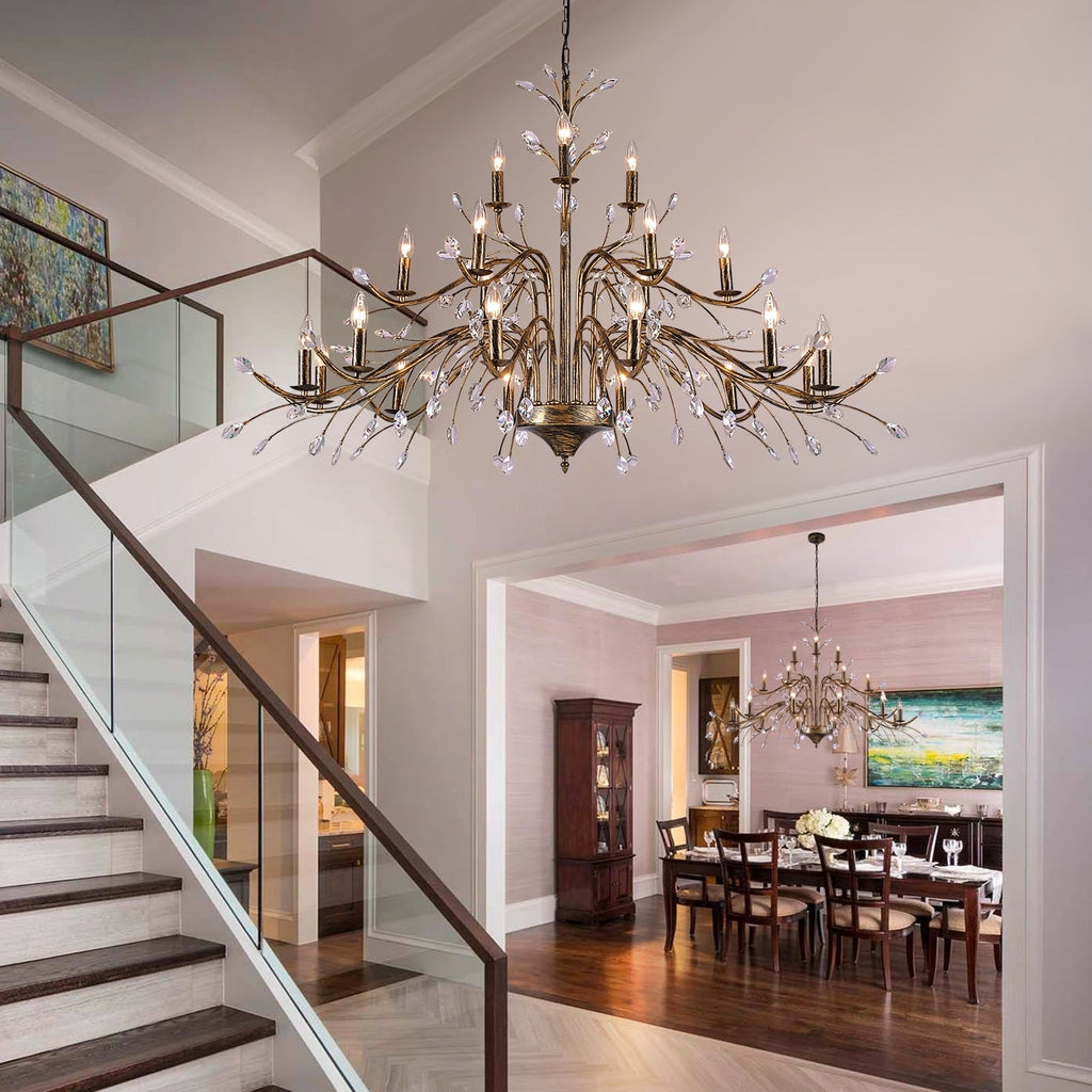 Luminaire suspendu en forme de branche d'arbre rétro style ferme avec lustre en cristal et bougie.