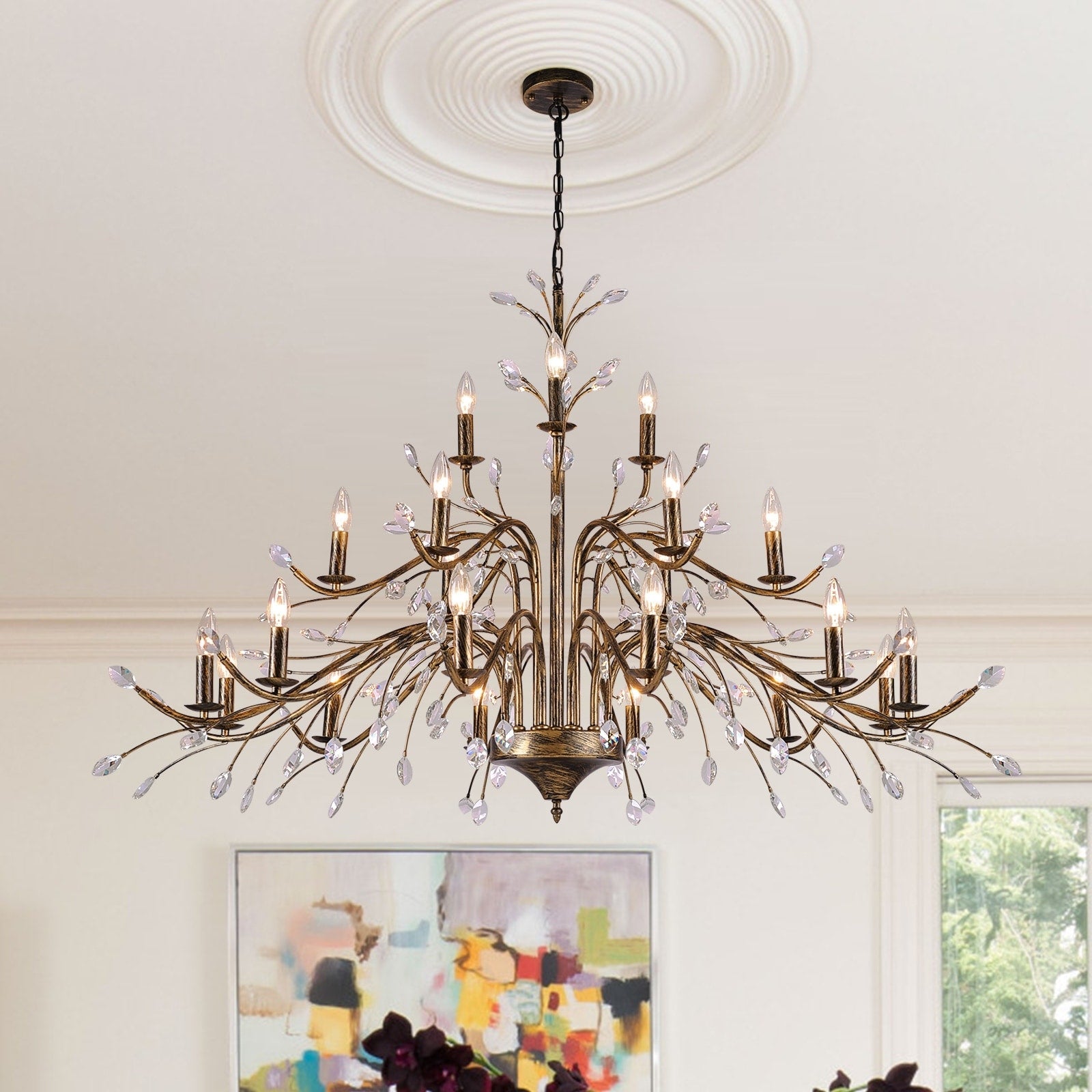 Luminaire suspendu en forme de branche d'arbre rétro style ferme avec lustre en cristal et bougie.