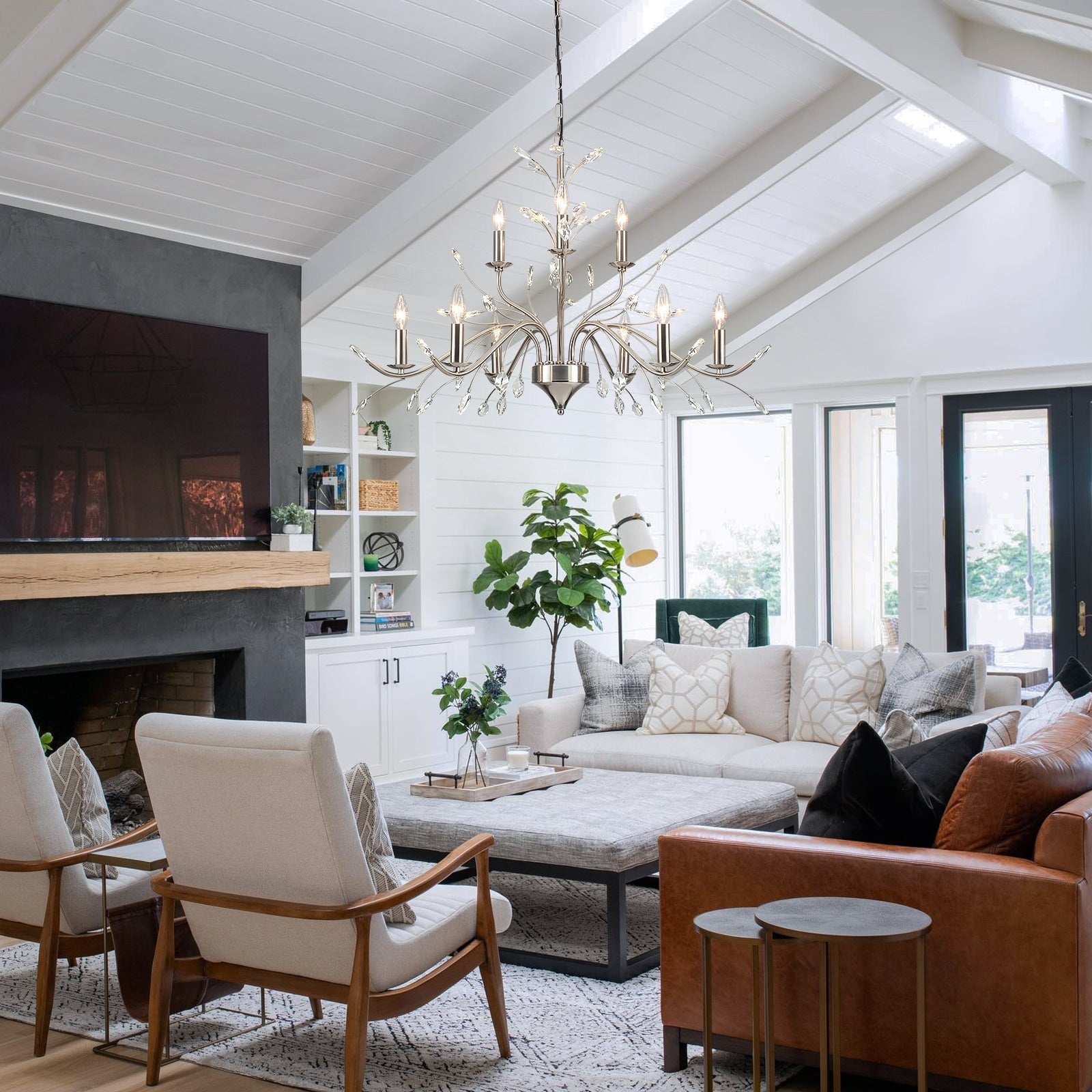 Luminaire suspendu en forme de branche d'arbre rétro style ferme avec lustre en cristal et bougie.