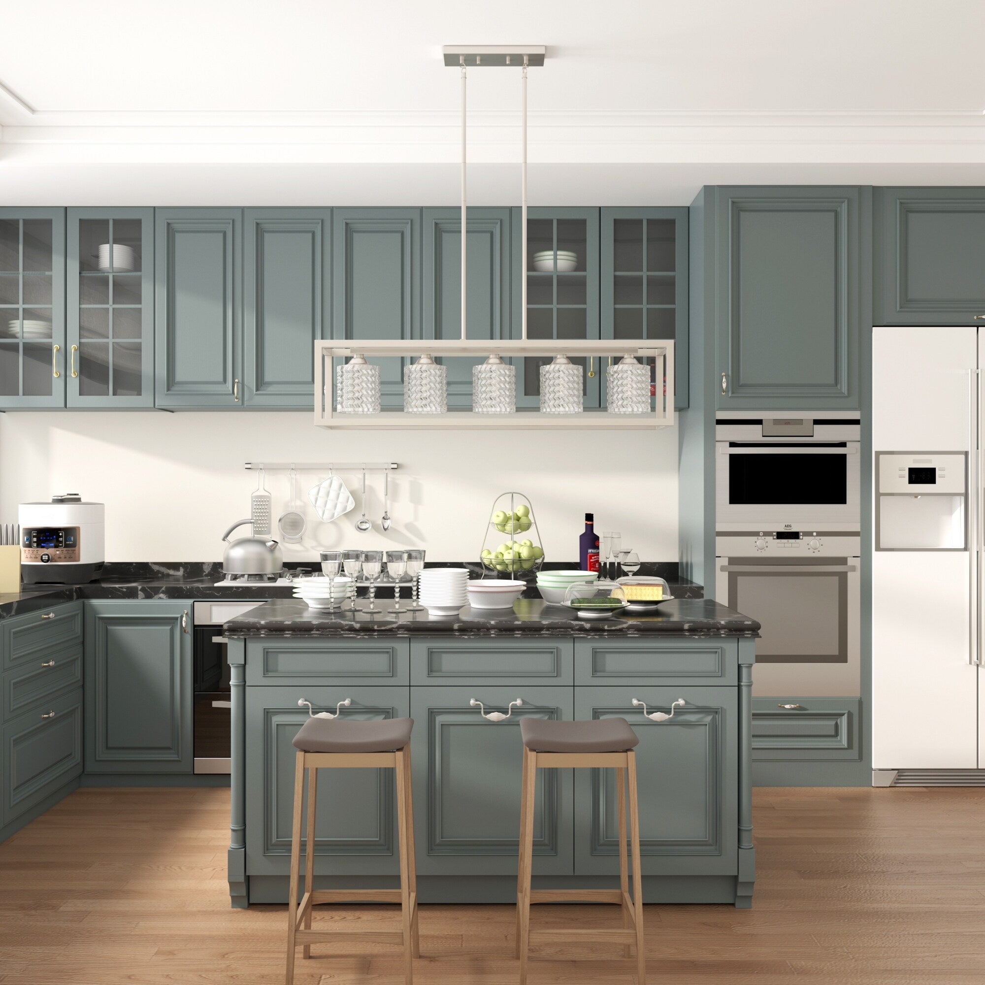 Luminaire rectangulaire en cristal à 5 lumières, style moderne du milieu du siècle, 37 pouces, pour salle à manger - 37 pouces