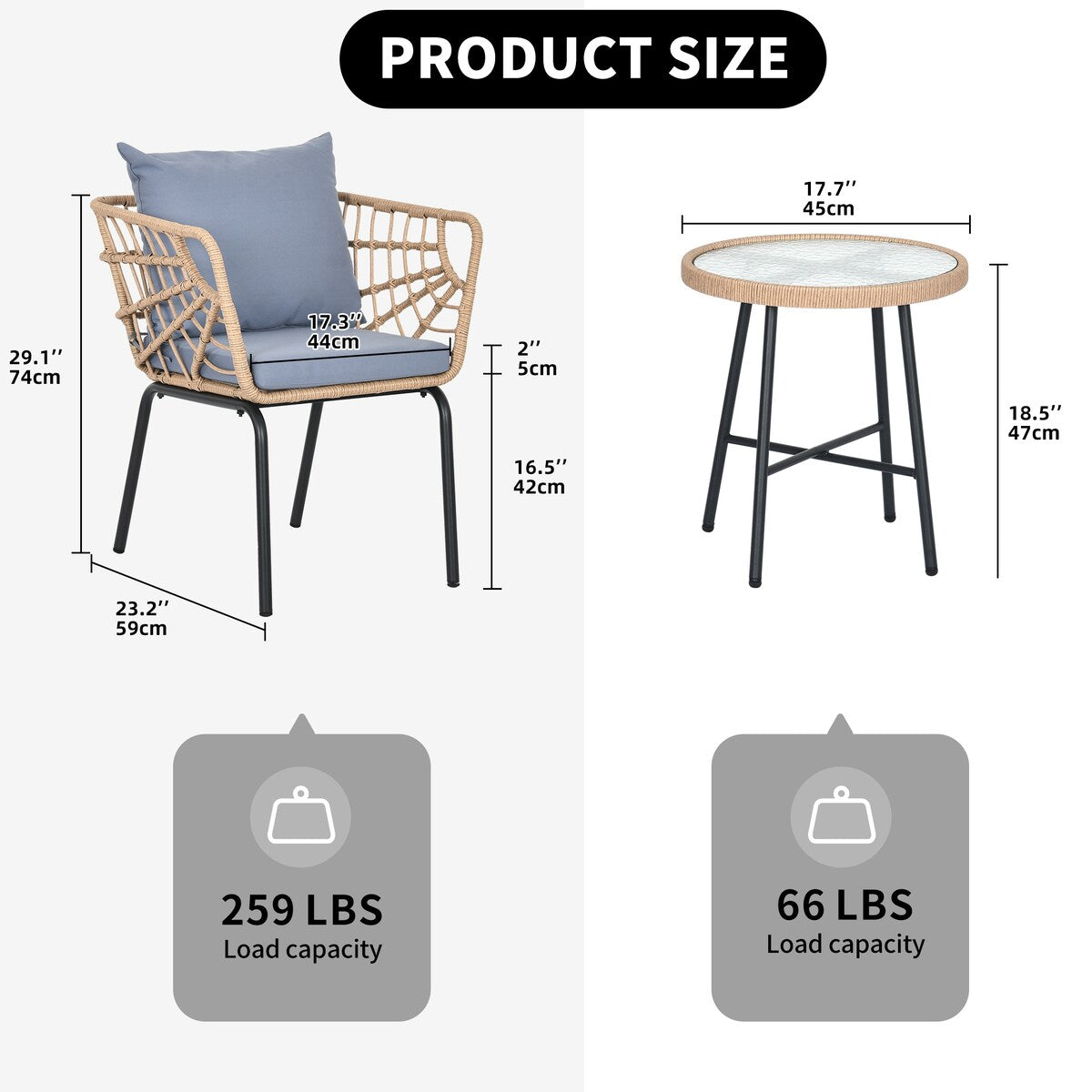 Ensemble bistro de jardin en résine tressée Moasis 3 pièces avec 2 chaises et table basse