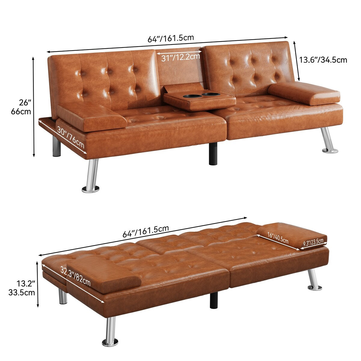 Canapé-lit futon pliable moderne Moasis en similicuir - 162,5 cm (L) x 76,2 cm (l) x 66 cm (H)