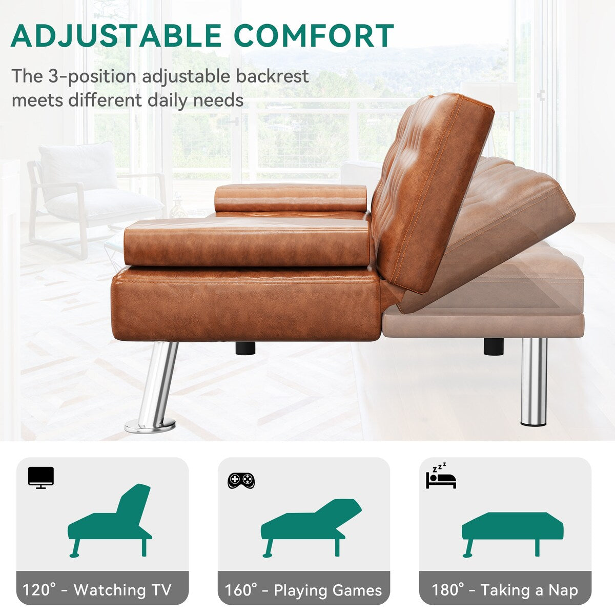 Canapé-lit futon pliable moderne Moasis en similicuir - 162,5 cm (L) x 76,2 cm (l) x 66 cm (H)