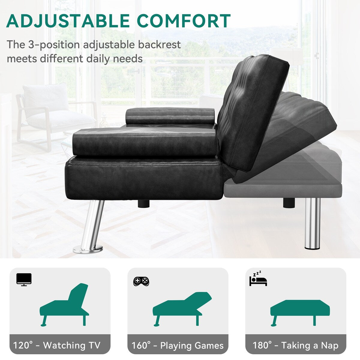 Canapé-lit futon pliable moderne Moasis en similicuir - 162,5 cm (L) x 76,2 cm (l) x 66 cm (H)