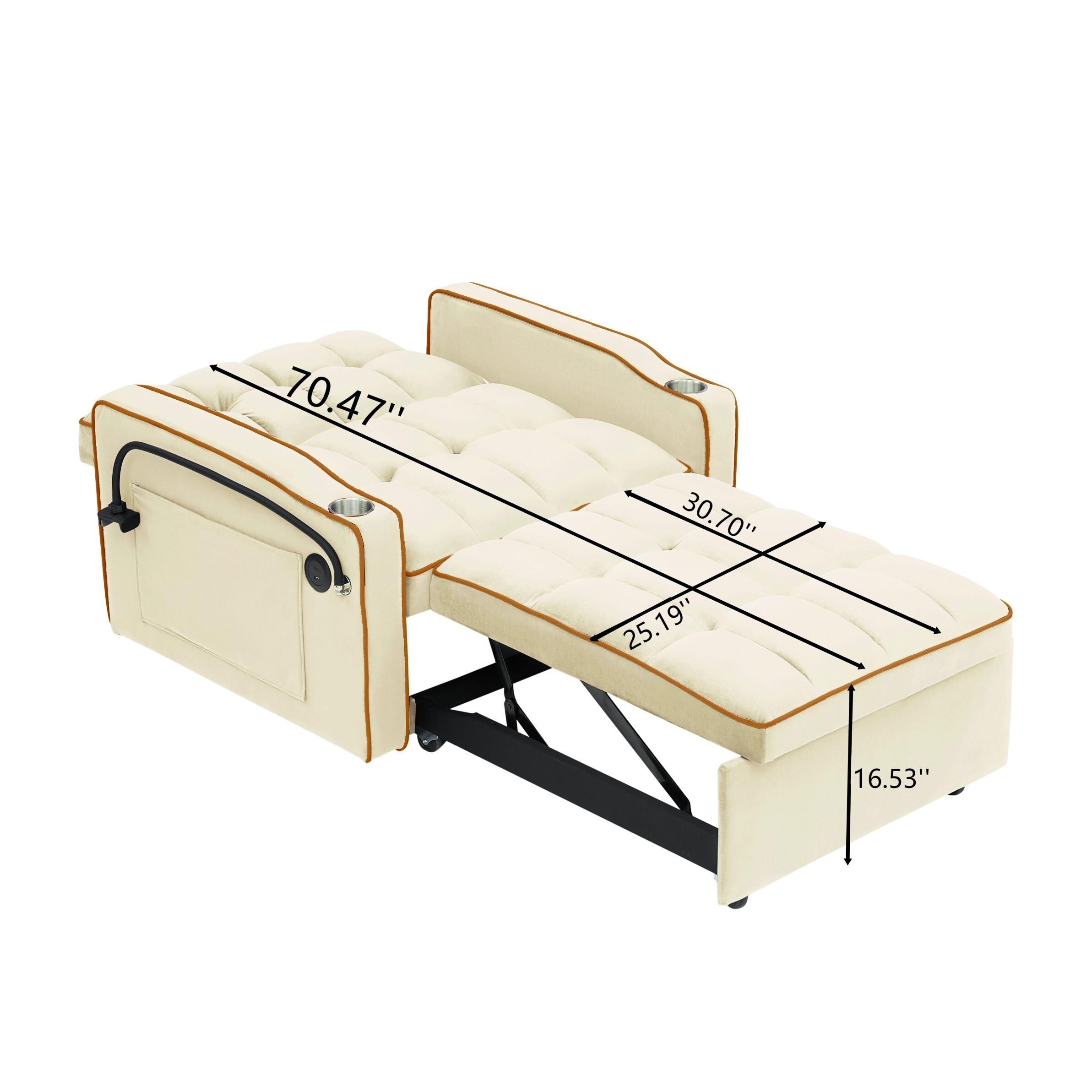 Canapé-lit convertible moderne 3 en 1 de 70,86 pouces avec dossier réglable et port de chargement USB pour salon