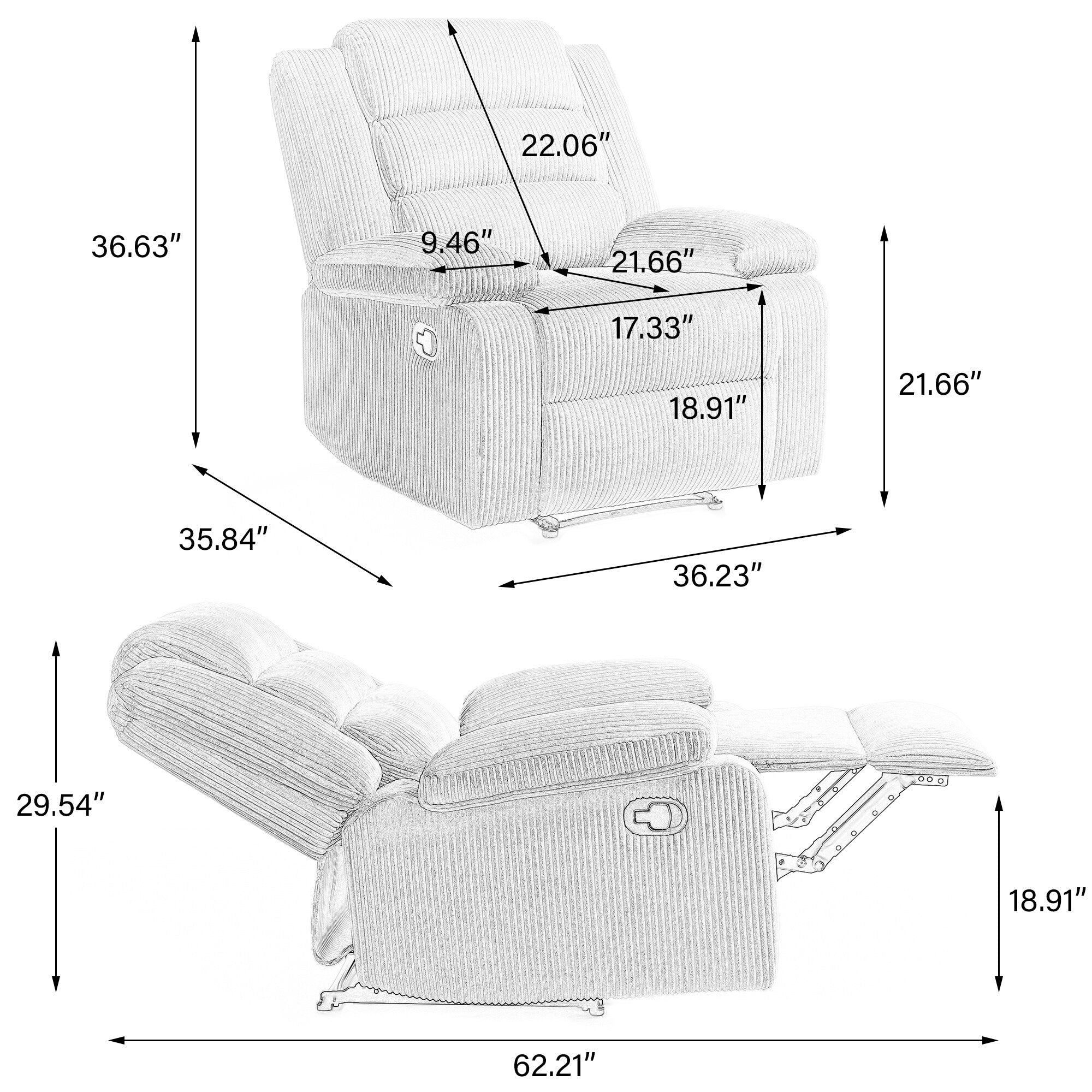 Fauteuil inclinable manuel moderne en velours côtelé, fauteuil inclinable réglable avec larges accoudoirs