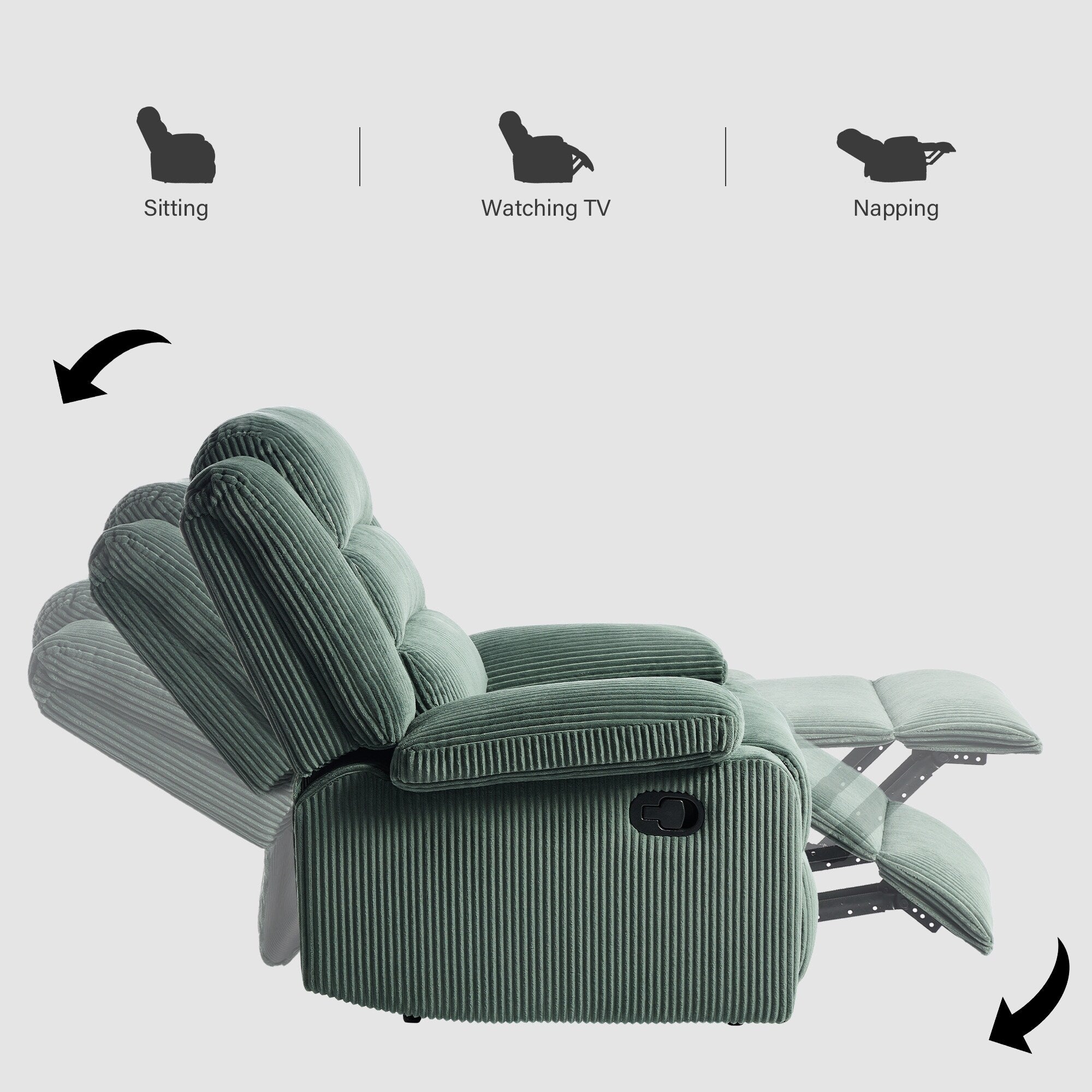Fauteuil inclinable manuel moderne en velours côtelé, fauteuil inclinable réglable avec larges accoudoirs