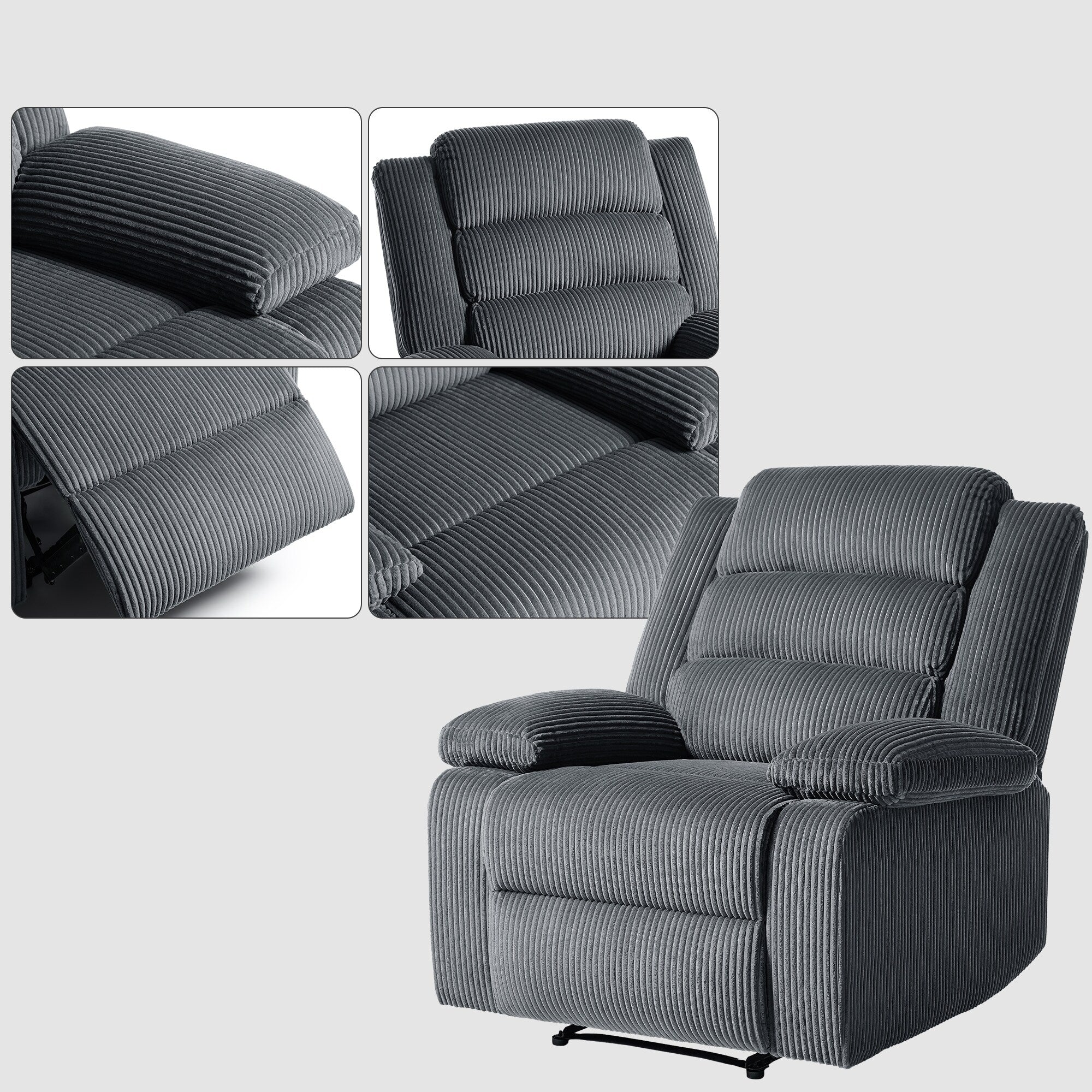 Fauteuil inclinable manuel moderne en velours côtelé, fauteuil inclinable réglable avec larges accoudoirs
